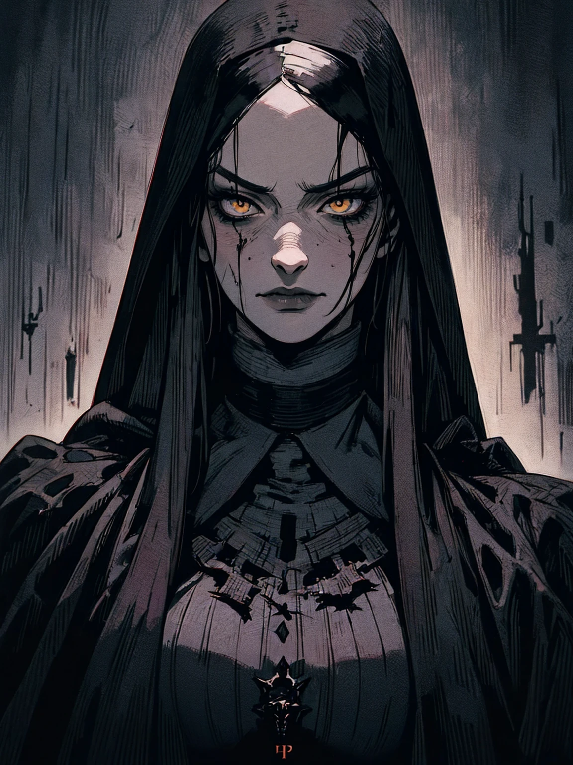 {-erro_de_anatomia:1.0} The Punisher, Nightmare before Christmas style, (masterpiece, best quality), (perfect hands), (hyper-realistic:1.6), (detailed face), (award-winning), (sharp), (8k resolution), (cinematic lighting), colors: dark and gloomy, (haunting), (intense expression), (detailed skull emblem), (eerie atmosphere), (comic book vibe),(gritty), (dramatic shadows), (dynamic pose), (ominous vibe), (artistically rendered), (sinister), (captivating), (gothic), (mysterious settinoody color palette), (expertly painted), (uneasy feeling), (intricate detailing), (sinister smile), (foreboding), (captivating eyes), (horror elements), (captivating composition), (impressive anatomy),(striking contrast), (foreboding mood), (exquisite craftsmanship), (intriguing character design), (nun), classic nun wear, (yellow eyes),