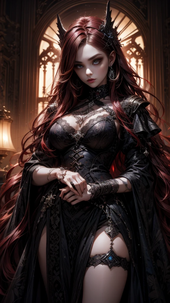 top-quality、8K、masterpiece:1.3、Gothic punk、Red inner color、A dark-haired、hair adornments、a beauty girl、creative、dark fantasy style、Neogos、Goth Fashion:1.2