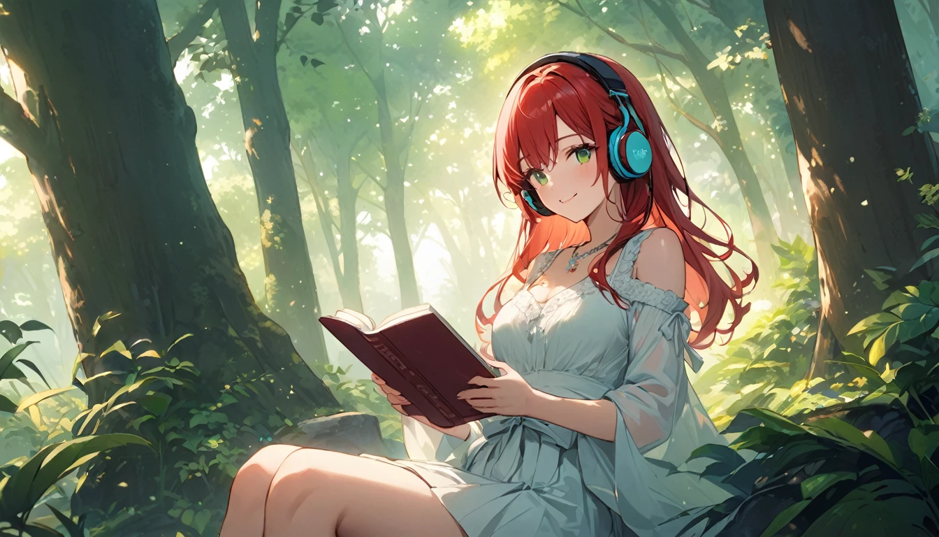 (Best Quality, Masterpiece, ultra high resolution, ultra detailed:1.2) Female gender Beautiful green eyes and melancholic expression Long red hair Light and freckled skin Wears a top with a bra shirt Wears a white silk mini skirt Footed with white cloth shoes Sitting under a tree in a forest Next to a natural fountain Porta a necklace of precious stones Has tattoos on her arms She wears long, striking earrings She holds a book of poetry in her hands She listens to soft music through headphones She smiles slightly while observing the nature around her