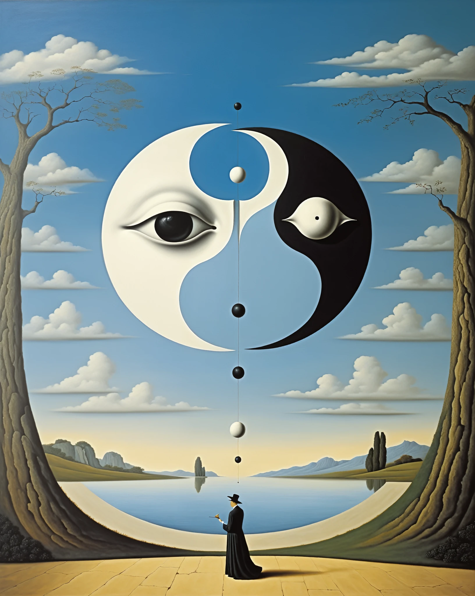 Lao Tzu, ying yang symbol - surreal style, surreal artwork, dream like, salvador dali style, René Magritte style, highy detailed, work of art, similar to a painting, High definition