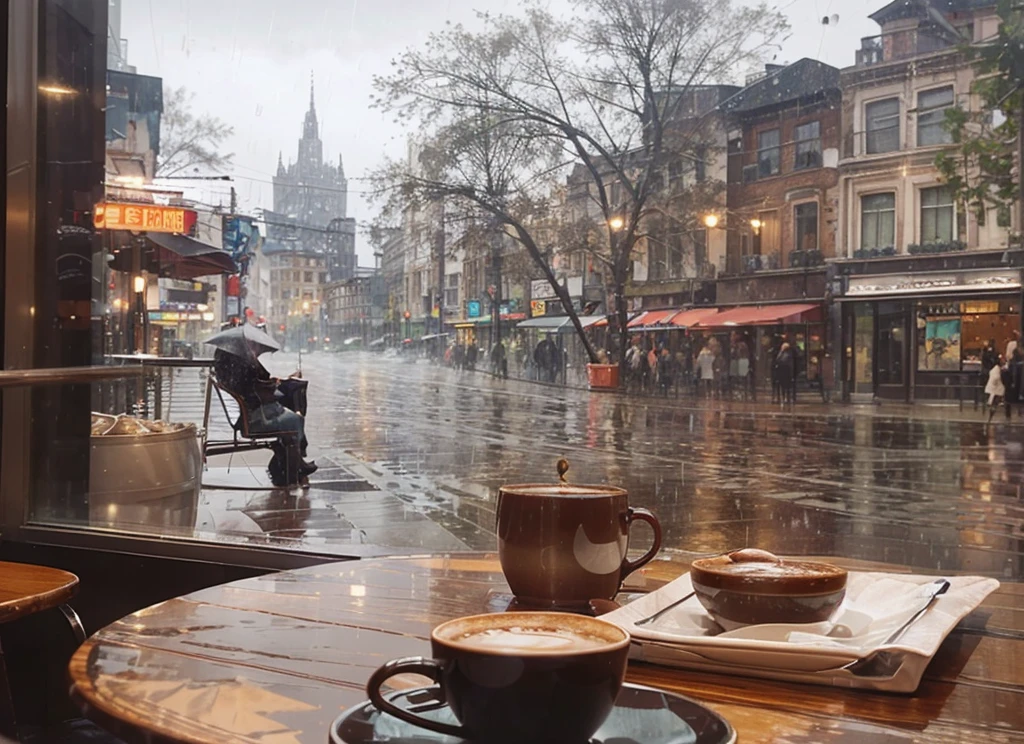 Hyperrealistic 8k high detail 3d art, Dreamy dreamscape smoky room perspective view from cafe window, raining city, warm cup of chocolate, bustling figures in the rain, empty chair on the table next to cafe window. She doesn't want to get caught in the rain, she doesn't want to go home. She'd rather stay in this cafe with sitting sideways to the glass windows. Deep thoughts missing his shadow in the rain. No one knows the story she is living in, only she does.