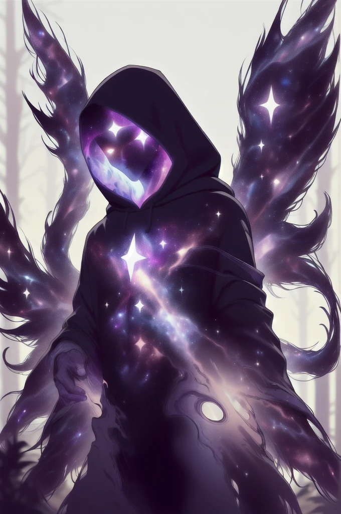 dark celestialskin body , void cosmic body, colored skin, flat color, jet black skin, a white cloak, hood on, holding an open book infront of him, silhouette,1boy,
portrait, upper body,in a forest , front view, holding a book, a flying book, flying pages.