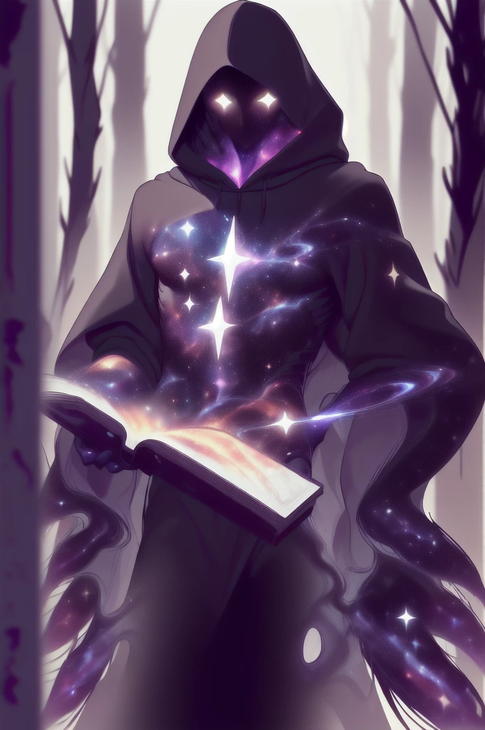 dark celestialskin body , void cosmic body, colored skin, flat color, jet black skin, a white cloak, hood on, holding an open book infront of him, silhouette,1boy,
portrait, upper body,in a forest , front view, holding a book, a flying book, flying pages.