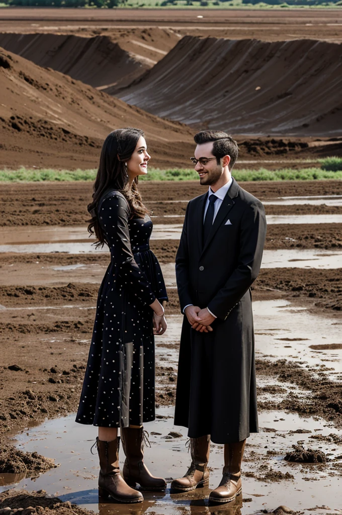 2D cartoon man preacher and a woman in long dress and black boots, dirt and rock road, muddy river in the background