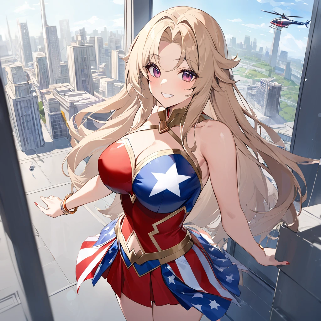 A woman wearing a Marvel Wonder Woman uniform, uniform with United States colors, beige hair, long hair, burgundy eyes, large breasts, exposed shoulder, gold bracelet, smiling, standing in a large building in the helicopter landing area, view of buildings in the background, daytime location.(woman alone)

