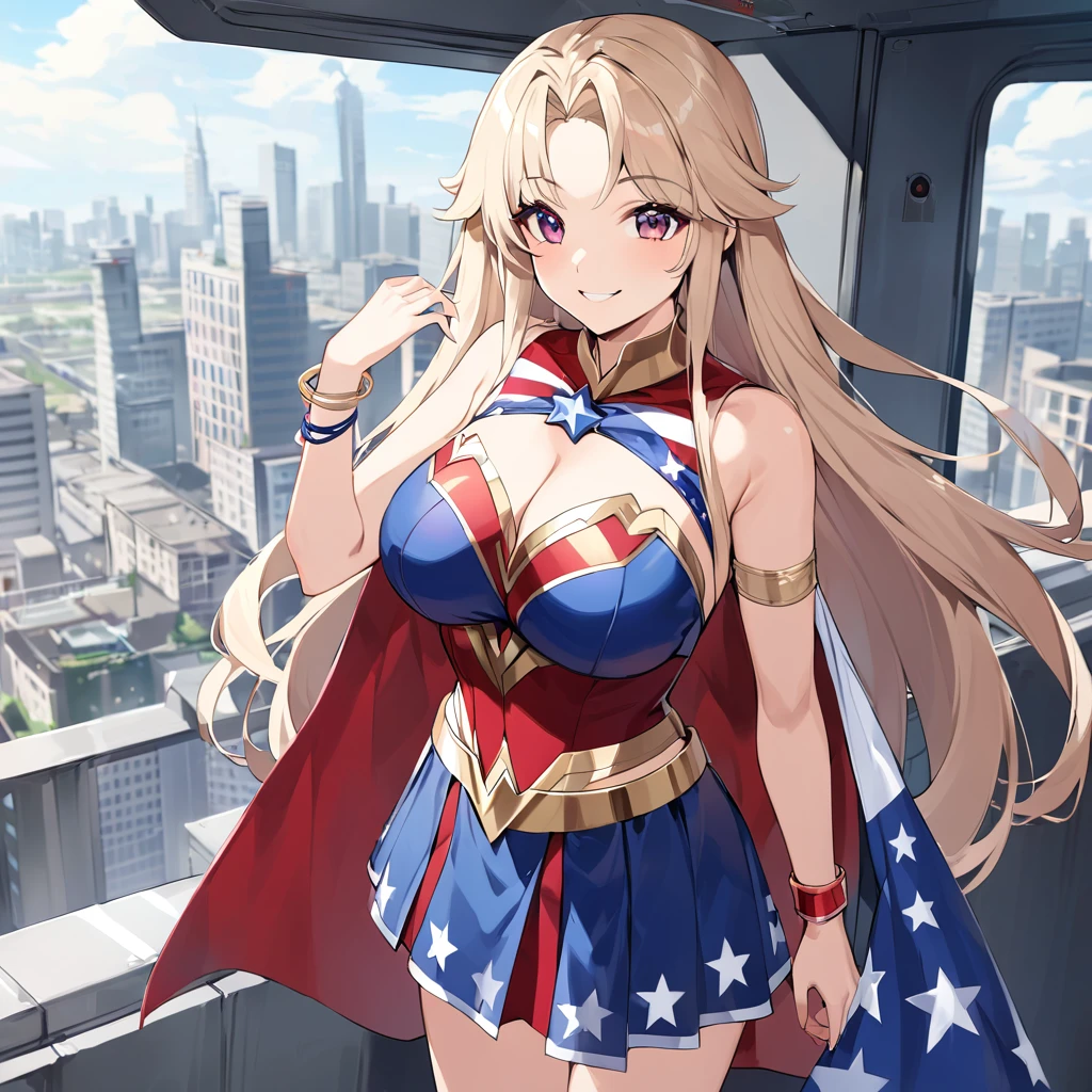 A woman wearing a Marvel Wonder Woman uniform, uniform with United States colors, beige hair, long hair, burgundy eyes, large breasts, exposed shoulder, gold bracelet, smiling, standing in a large building in the helicopter landing area, view of buildings in the background, daytime location.(woman alone)

