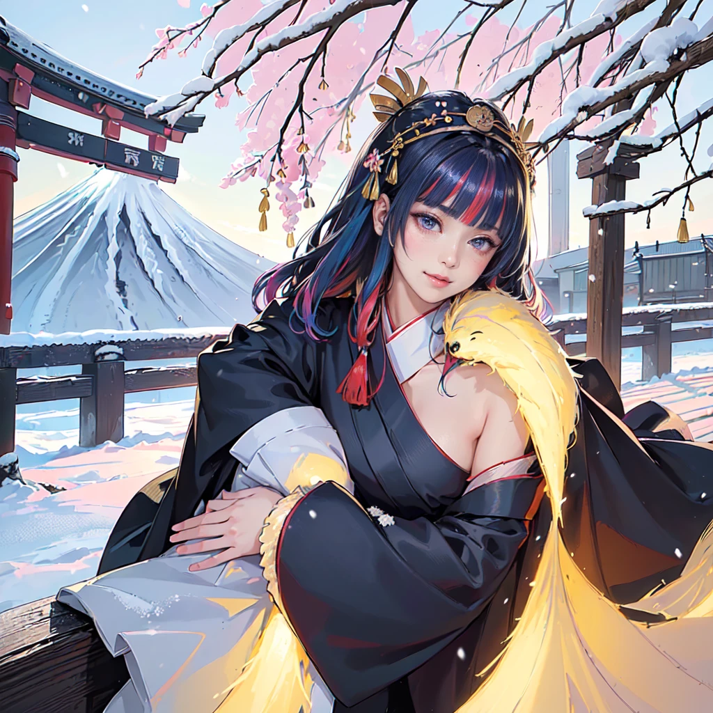 (The image shows only the upper body:1.7), 

((8K, RAW Photos, Highest quality, masterpiece), High-resolution RAW color photos、

Professional close-up photography, (Realistic, フォトrealism: 1.37), 

(Highest quality), (Best Shadow), (Best illustrations),

High-quality images、Skin Radiance、Texture of skin and clothing、

Expression of fine eyes、Shiny Hair,Long Hair Girl, Manga inspired by Lee Jong-suk, 

Trending on deviantart, realism, detailed manga style, Manga art style,

Perfect Line Drawing, Beautiful line art, digital manga art girl, K-POPアイドル, dress,

 Beautiful brown eyes, Fuller lips, Gorgeous face with attention to detail, 

(Cute Smile), attractive, Innocent, (Perfectly detailed face), 

(Detailed and carefully drawn hand) Photorealistic images, Written boundary depth, 

Japanese style princess cut hairstyle, 

best quality, masterpiece, New Year, 

((Kimono with strikingly beautiful colorful colors:1.7)), 

Three Japanese high-school cute girls, ((looking straight)), 

gently smiling, 

((upper arms hidden by clothes and hair)),

(innocent and pure high-school-girls:1.7)

((white short scarf)), ((white feather shawl)), 

(separately side by side:1.4), 

shrine background, (mount Fuji:1.3), ((snow))

winter(season), (outdoors:1.5)