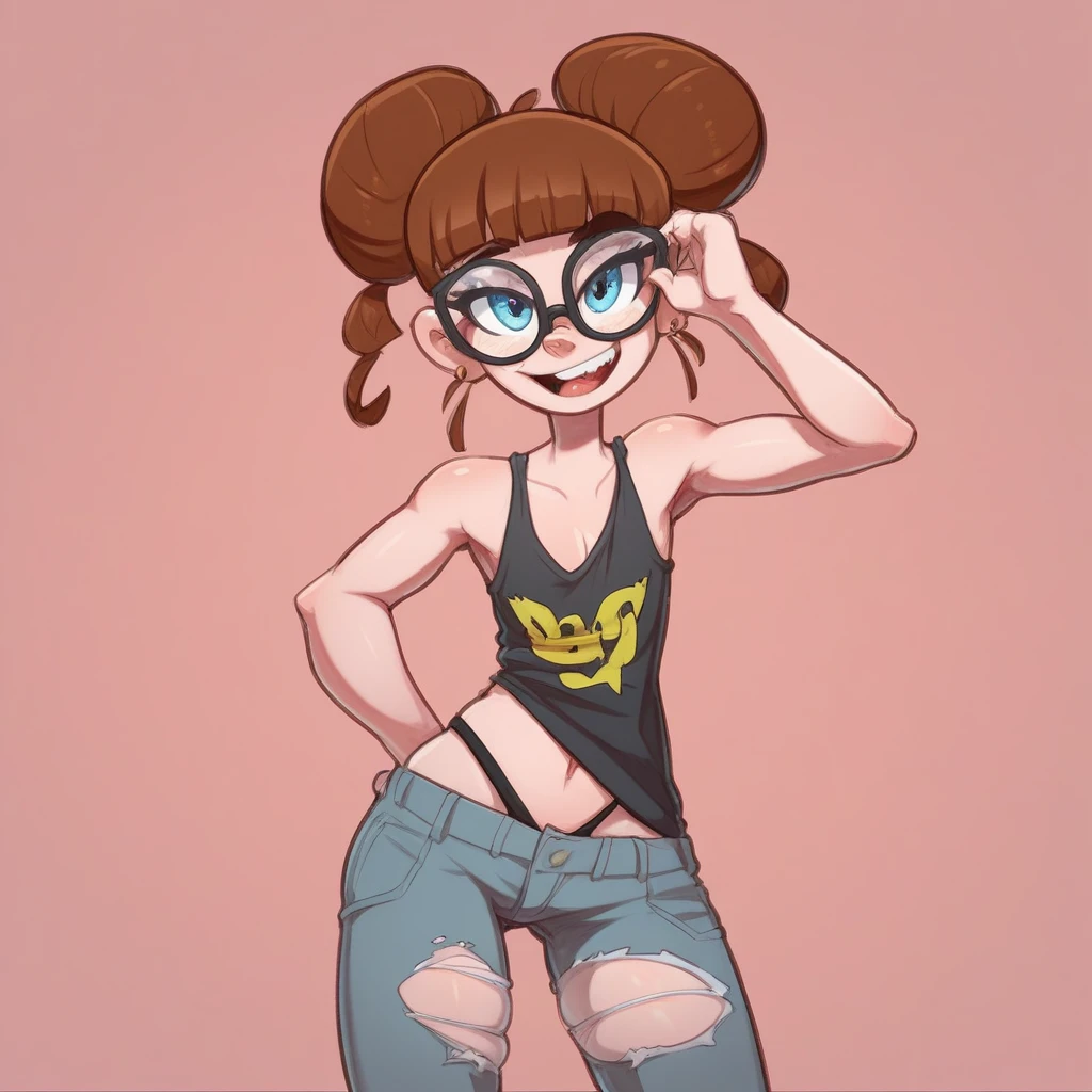 Ralph Bakshi Style, tall skinny:2.0 brunette with dark_shoulder-length_hair and black_glasses, nudity:1.5, (extreme nsfw):2.5, torn tanktop, (flatchested):2.5, lewd:2.0