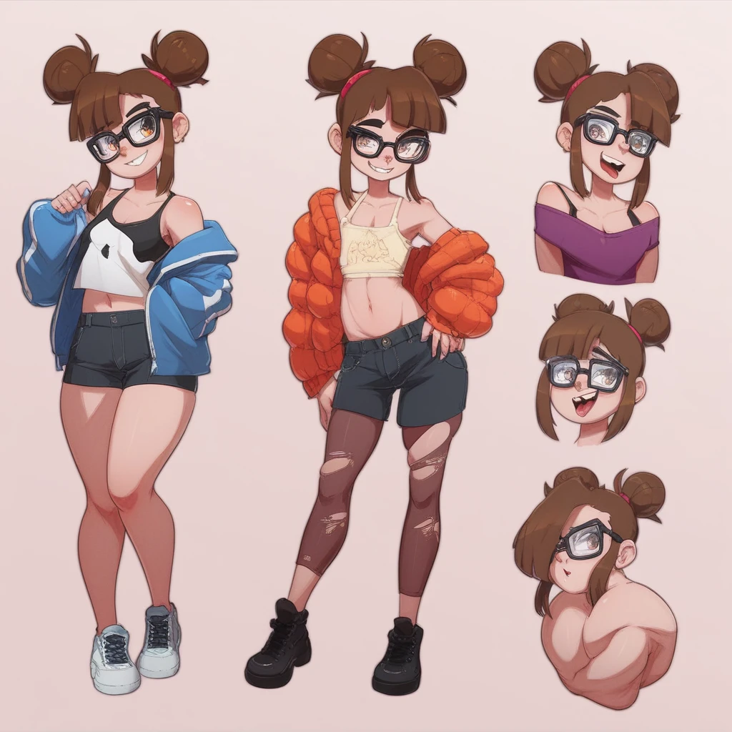 Ralph Bakshi Style, tall skinny:2.0 brunette with dark_shoulder-length_hair and black_glasses, nudity:1.5, (extreme nsfw):2.5, torn tanktop, (flatchested):2.5, lewd:2.0