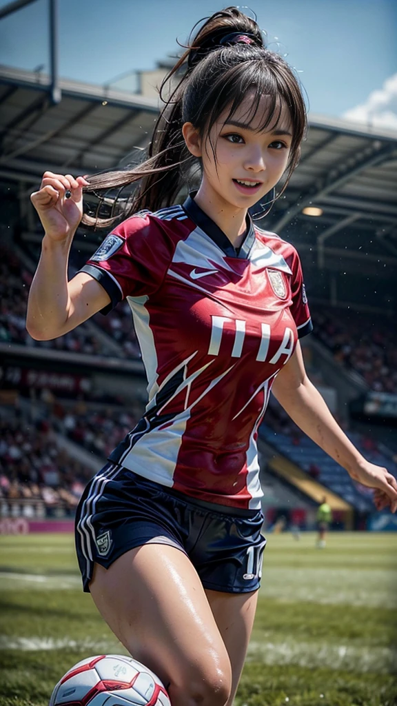 Highest quality, High resolution:1.2, Very detailed, Realistic:1.3, ((Beautiful woman))、((Super tight uniform))、((Big Breasts))、(The abdomen is visible)、(((Soccer uniforms)))、Vibrant colors, play soccer,(Blunt bangs)、((Various Hair Styles))、Different hair colors、With bangs、Wet Hair, concentrate, splash, Action Shots, Grass blotches, Muddy ground, Wet turf, decide, Fast-paced games, Athletic physique, Shiny soccer ball, Wet Uniform, raindrop, Blurred motion, ボールにconcentrateする, Intense competition, Skillful dribbling, Energetic play, Teamwork, powerful shoots, Wet pitch, Passionate sports, Fierce decide, Humid atmosphere, Fluid movement, emotional expression、Dramatic lighting, Women's Sports, Avid athletes, Exciting Games, Endure, Excited state, Speed and agility, Energetic play, 濡れたsplash、smile、((Red Uniform))