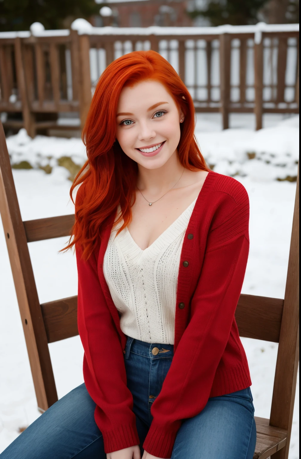hay una mujer slim con cabello rojo y ojos verdes en UNA CAFETERÍA, SITTING ON A CHAIR IN THE SNOW, with a red sweater, ,look down,redhead girl, big bubis, slim, great neckline red hair, a young redhead, redhead woman, beautiful redhead woman, redhead, high quality, gorgeous, beautiful model, redhead young woman, medias slims, 8K raw photo, Hyper realistic, SMILE, , very young
