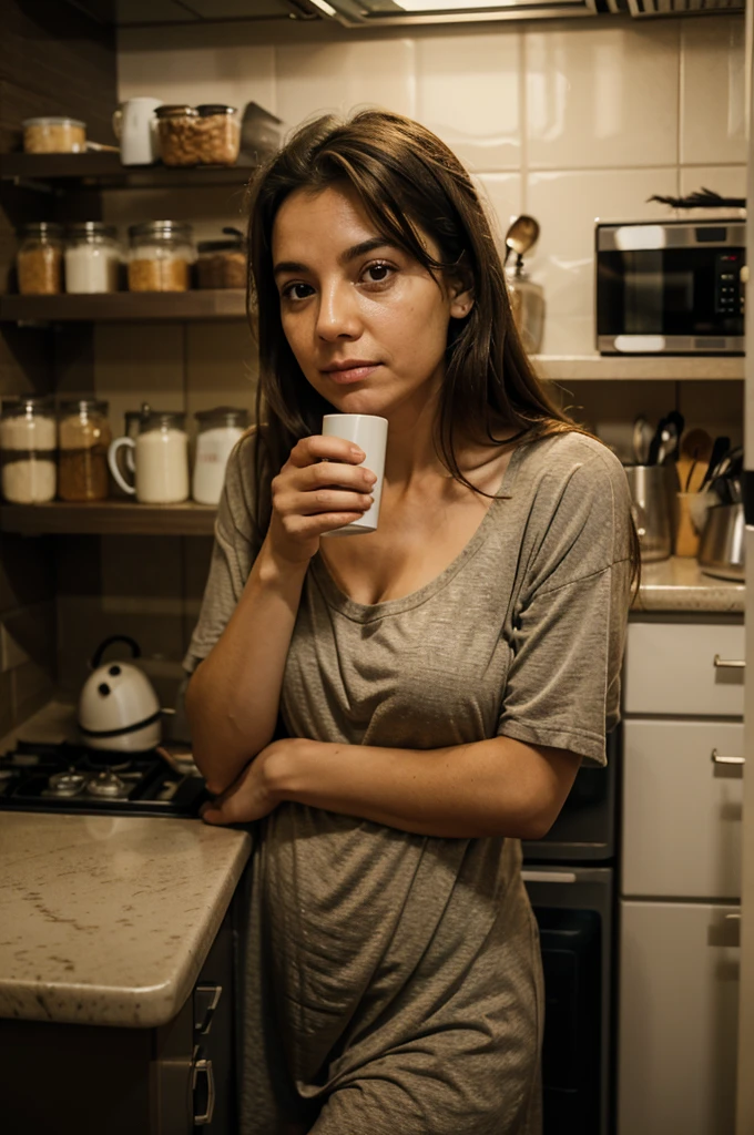 An almost exhausted mother, Haggard face, having a coffee in the kitchen, alone in the middle of the night.