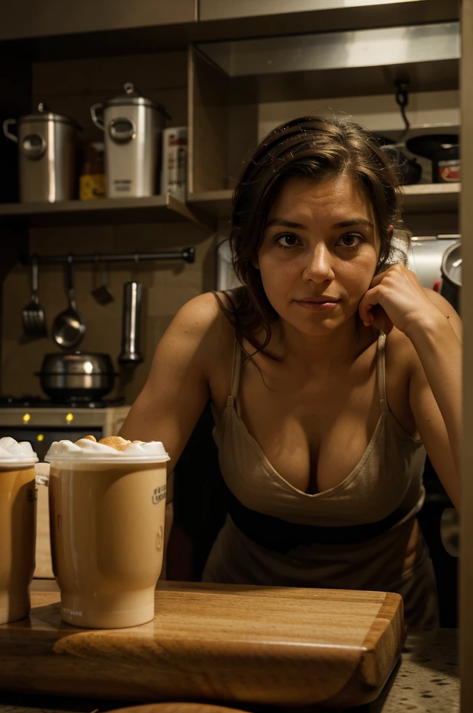 An almost exhausted mother, Haggard face, having a coffee in the kitchen, alone in the middle of the night.