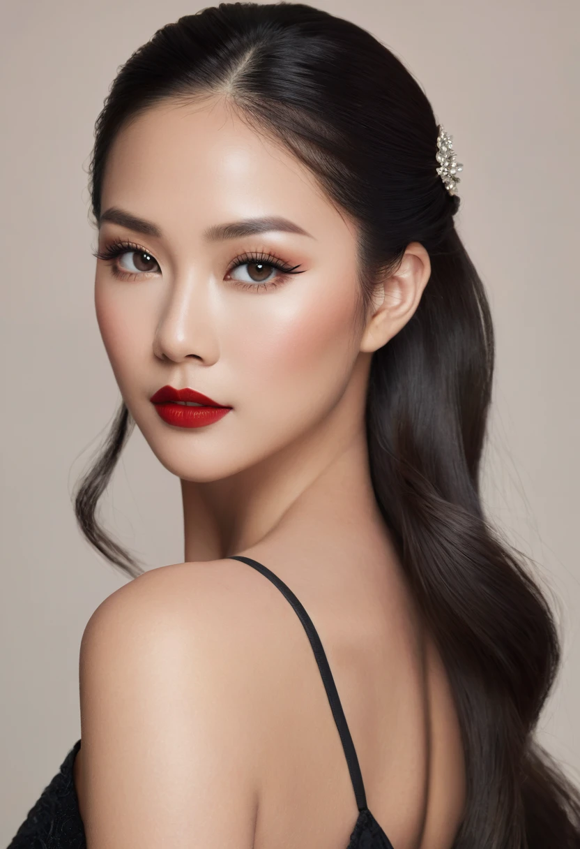 Create a high-quality, photorealistic image of Queen Ivy, an elegant and sophisticated Asian woman. She has a commanding presence with delicate, symmetrical facial features. Her skin is smooth and flawless with a light, natural complexion. She has almond-shaped eyes with dark brown irises, enhanced by dramatic smokey eye makeup and long, voluminous lashes. Her eyebrows are perfectly arched and well-defined.
Her lips are full and painted with bold red lipstick, complementing her overall look. Her hair is long, sleek, and jet-black, styled elegantly. In this image, she is wearing a subtle makeup look, highlighting her natural beauty with a touch of blush and highlighter on her cheekbones.
