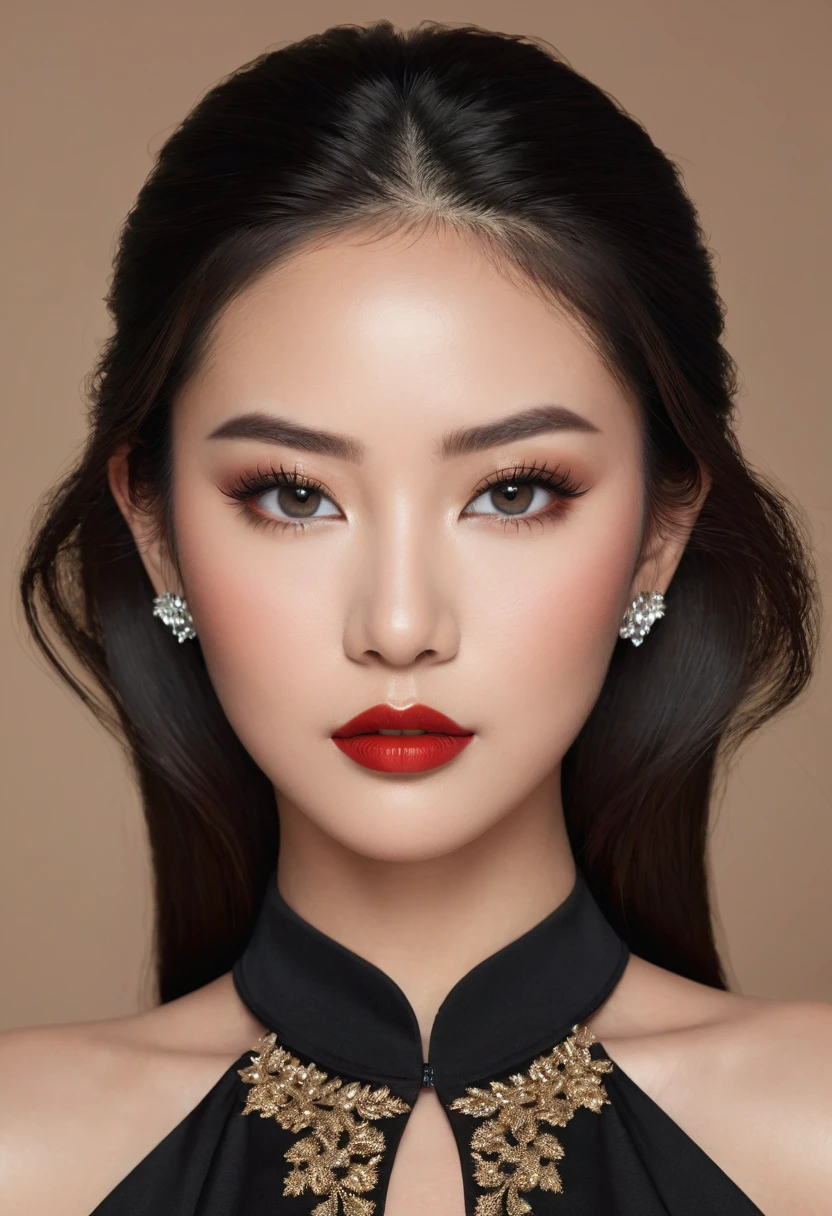 Create a high-quality, photorealistic image of Queen Ivy, an elegant and sophisticated Asian woman. She has a commanding presence with delicate, symmetrical facial features. Her skin is smooth and flawless with a light, natural complexion. She has almond-shaped eyes with dark brown irises, enhanced by dramatic smokey eye makeup and long, voluminous lashes. Her eyebrows are perfectly arched and well-defined.
Her lips are full and painted with bold red lipstick, complementing her overall look. Her hair is long, sleek, and jet-black, styled elegantly. In this image, she is wearing a subtle makeup look, highlighting her natural beauty with a touch of blush and highlighter on her cheekbones.