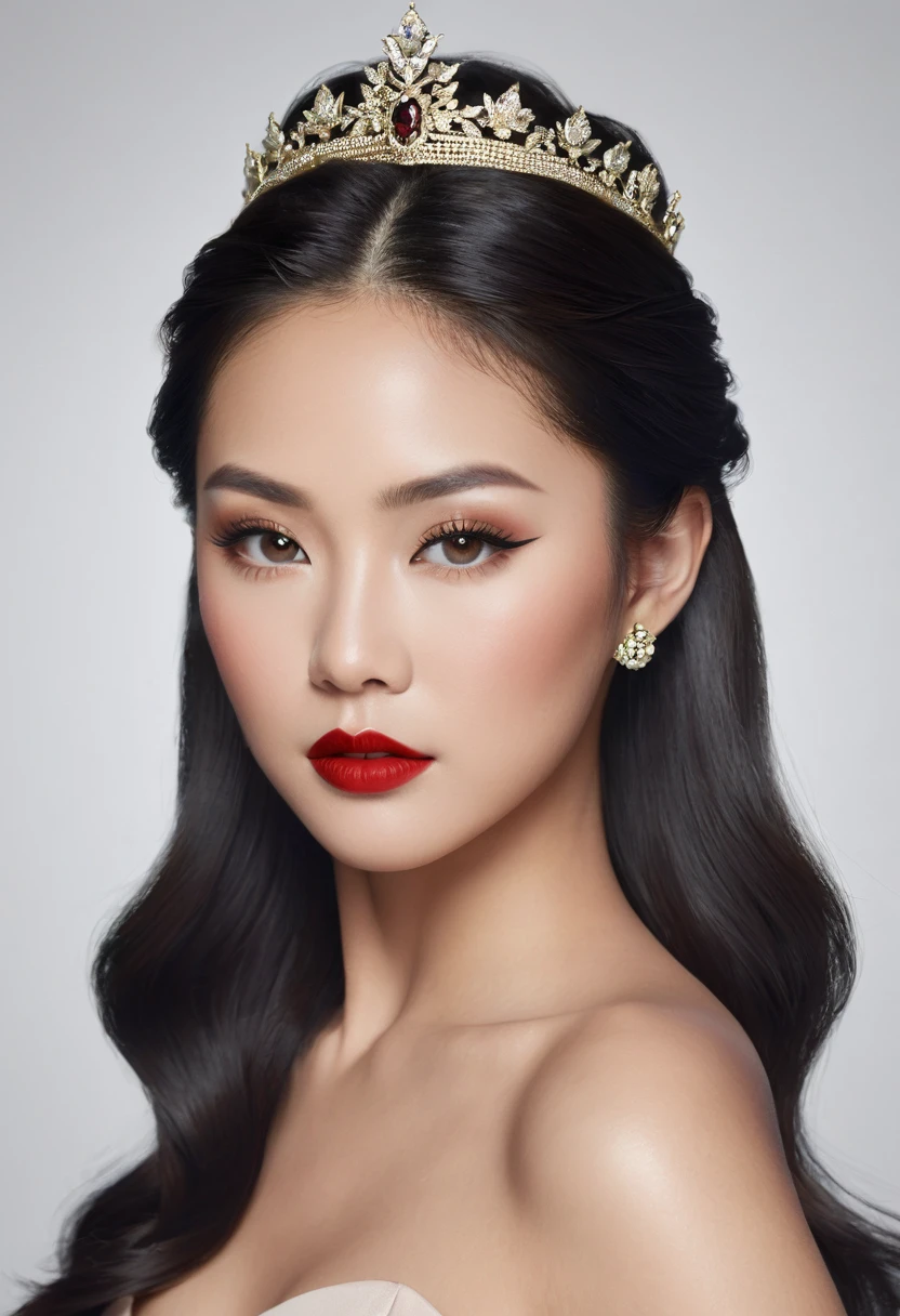 Create a high-quality, photorealistic image of Queen Ivy, an elegant and sophisticated Asian woman. She has a commanding presence with delicate, symmetrical facial features. Her skin is smooth and flawless with a light, natural complexion. She has almond-shaped eyes with dark brown irises, enhanced by dramatic smokey eye makeup and long, voluminous lashes. Her eyebrows are perfectly arched and well-defined.
Her lips are full and painted with bold red lipstick, complementing her overall look. Her hair is long, sleek, and jet-black, styled elegantly. In this image, she is wearing a subtle makeup look, highlighting her natural beauty with a touch of blush and highlighter on her cheekbones.