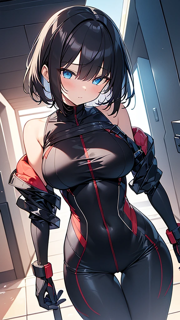 (Highly detailed CG Unity 32k wallpaper,masterpiece, Biological, whole body),(Best lighting, Best Shadow, Very delicate and beautiful),(Girl having vaginal sex with man),blue eyes, Big Breasts,Bouncing chest, Black Hair,Bobcut,Red and black and White off-the-shoulder revealing high-cut SF bodysuit,One-piece swimsuit-style clothing,Clothes that emphasize the chest,Neck Seal,High-tech sci-fi corridor, Dynamic pose, Detailed Machinery, Sleek design.,My crotch is wet, {{An extraterrestrial lifeform preys on girls and takes their place、Her breasts are bigger than a real girl&#39;s、Suitable for the mothe}}, Unknown sensation, Feels good, Vigorous movement, more, instinct, Female fall, Bouncing chest, loose, loose, NSFW