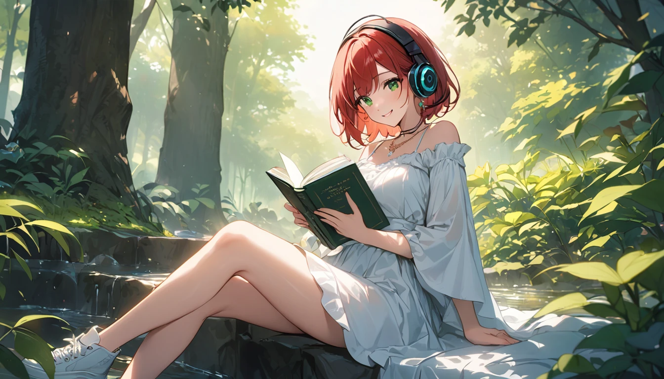 (Best Quality, Masterpiece, ultra high resolution, ultra detailed:1.2) Female gender Beautiful green eyes and melancholic expression Long red hair Light and freckled skin She wears a top with a bra shirt She wears a short wedding-style skirt, Wearing white cloth shoes Sitting under a tree in a forest Next to a natural fountain Wearing a necklace of precious stones Has tattoos on her arms Wearing long, striking earrings Holding a book of poetry in her hands Listening to soft music through headphones Smile slightly while observing the nature around you