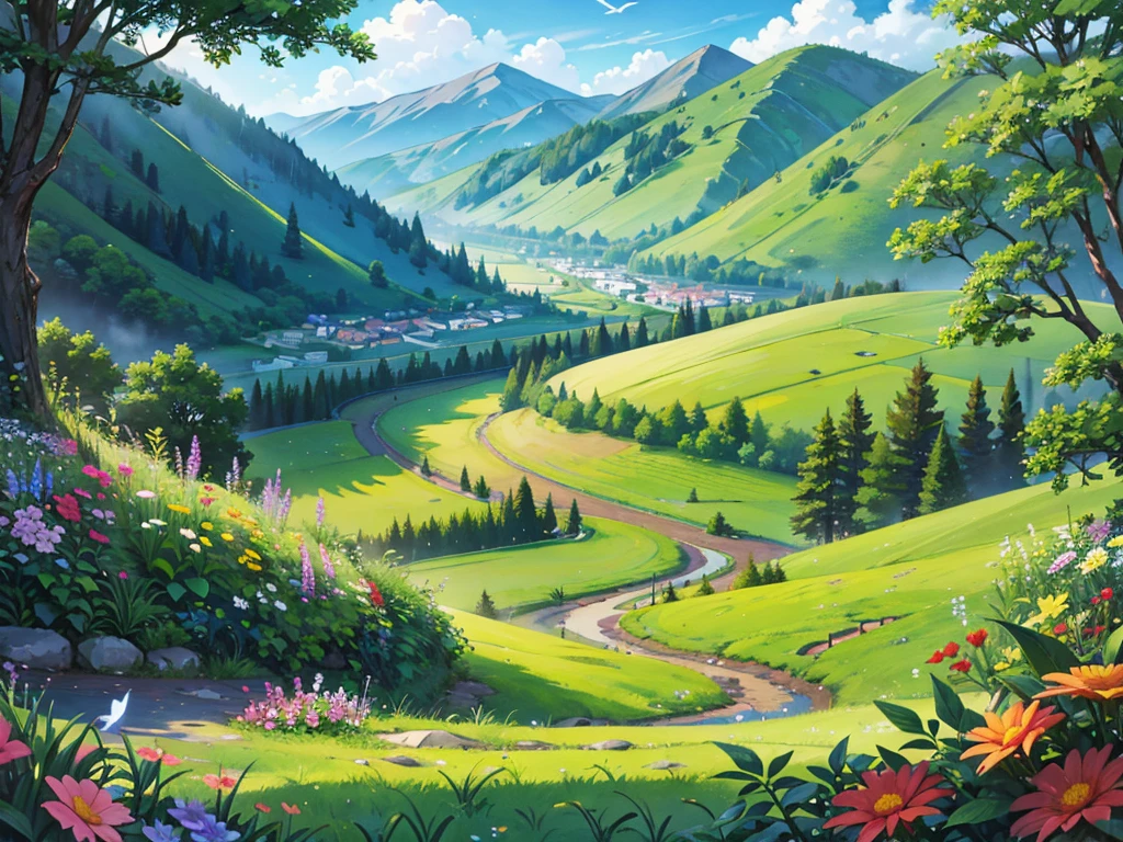 a landscape of a lush valley, flowers, birds, 1girl, traveler