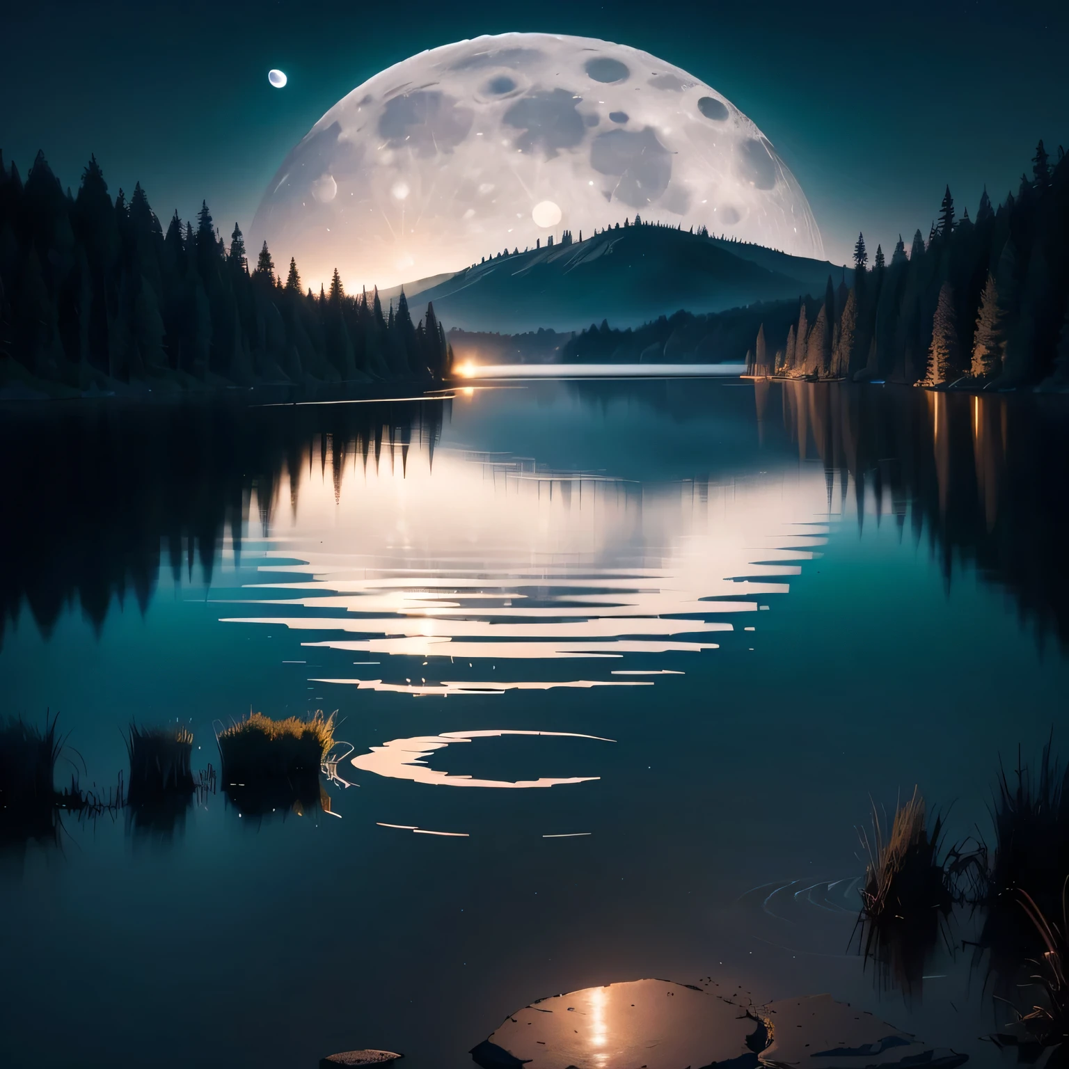 A full moon shines on the lake, Big moon on the water, reflection of the moon, The moon reflected in the water, The moon is reflected in the water, beautiful moonlight night, moon landscape, Moonlit night dreamy atmosphere, beautiful moonlight, beautiful moonlight, Stunning moonlight and shadows, nature landscape at night, Realistic moon in the background