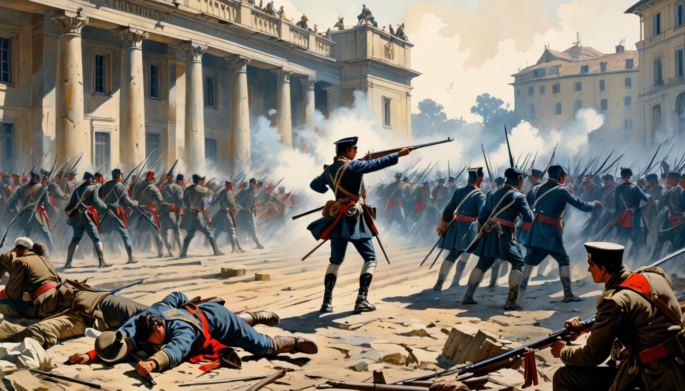 (masterpiece, UHD, photo-realistic:1.2), French Revolution's start, storming Bastille, (passionate French revolutionaries:1.2), charging the fortress, Bastille looming, gunfire flashes, cloud of smoke, frightened guards, (streets littered with debris:1.1), dramatic contrast, somber tones, looking up, side view.