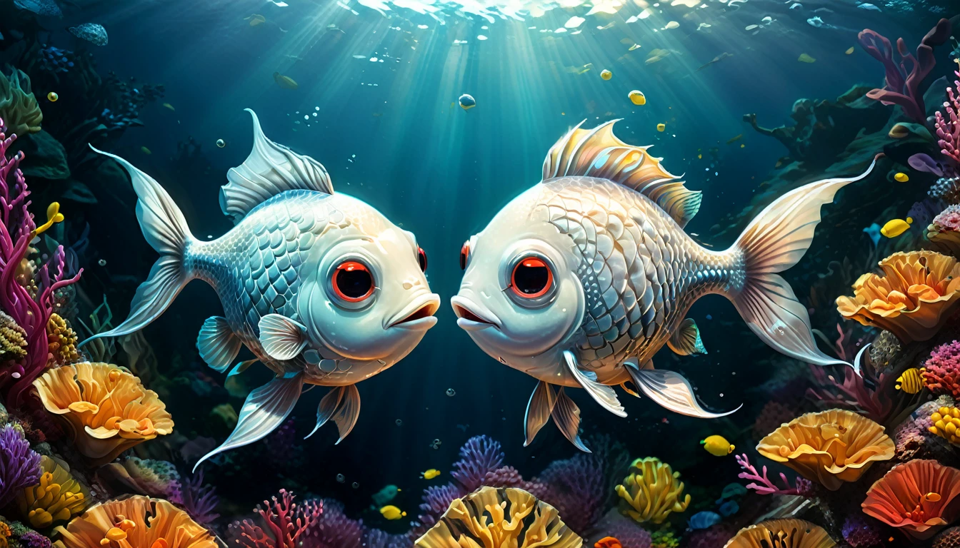 (best quality,ultra-detailed,realistic:1.37),humor,comic style,bold lines, A cute fish with long and slender body silver shiny scales couple on a date in the dark depths of the sea, deep ocean life, fantasy, children's storybook illustration,vibrant colors,detailed lighting, dramatic shadows, whimsical,highly detailed,digital art,concept art,4k,8k,photorealistic,masterpiece,