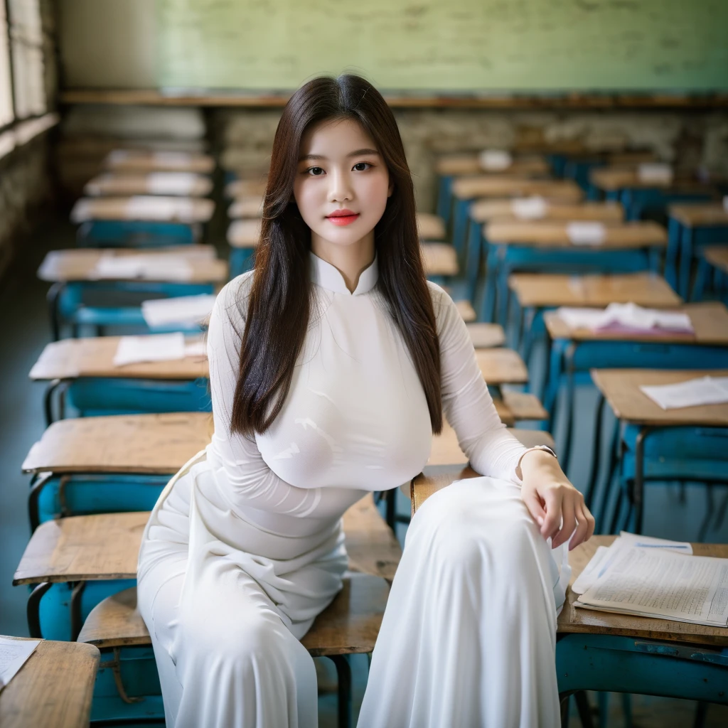((Ao Dai, big breasts, beautiful breasts, sitting on a chair in the classroom, 8k quality photo with good details))