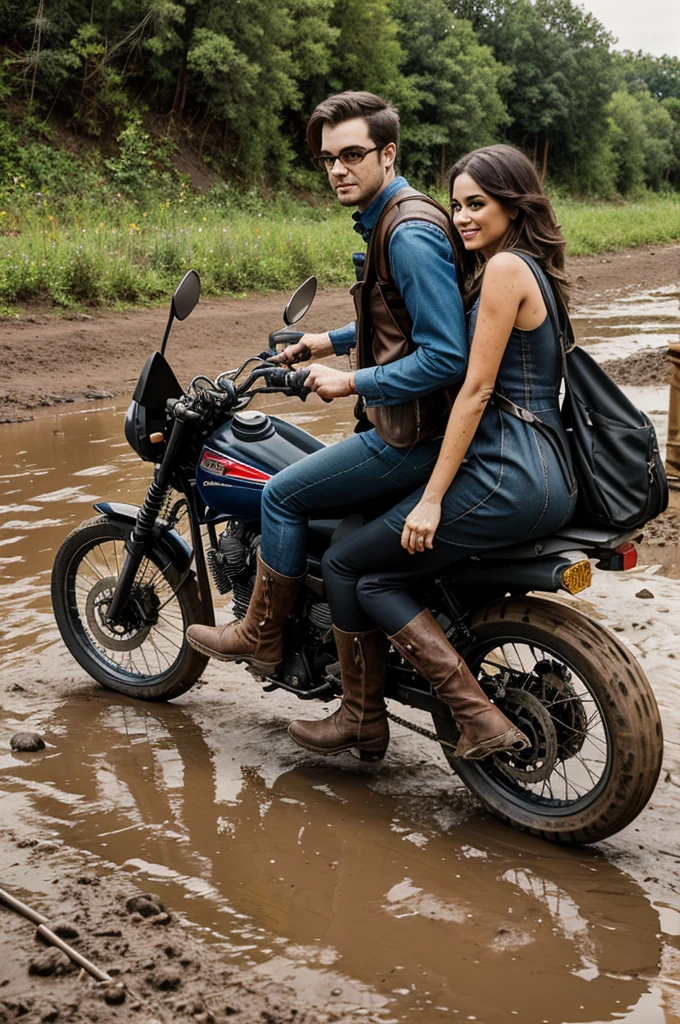 2D cartoon preacher man with pants and shoulder bag and a woman with dress and black boots, traveling by motorcycle, dirt and rock road, muddy river in the background