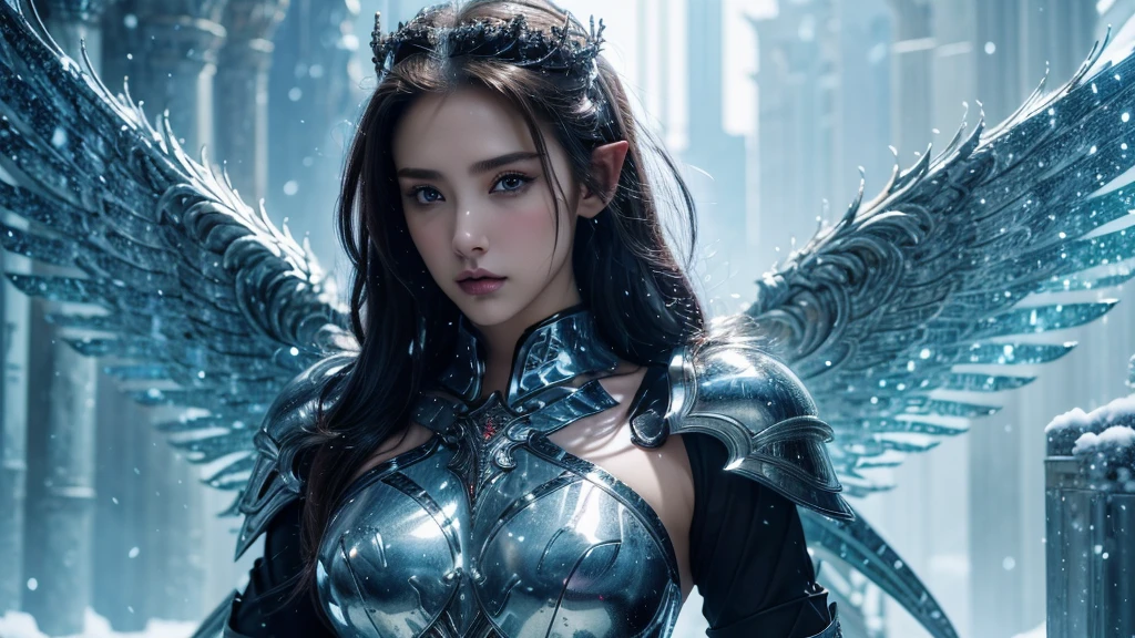 Close-up of woman holding sword and armor, Armor Girl, 2. 5D CGI anime fantasy artwork, Large Breasts,Epic fantasy digital art style, detailed Digital 2D fantasy art, Digital 2D fantasy art, original photo, (best quality:1.3), high resolution, (masterpiece), (lifelike:1.4), Professional photography, Clear focus, High Dynamic Range, 8k resolution, Intricate details, Fine details, Depth of Field, Extremely detailed CG unified 8k wallpaper, masterpiece,poster,best quality,Official Art,(Beauty and aesthetics:1.2),(masterpiece:1.3),Female Elf,individual,Light Leather Armor,complex pattern,snow,Cyberpunk style future city,Medium distance photography,(early morning),dramatic,Glowing Wings,