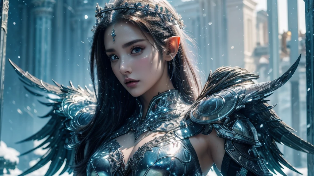 Close-up of woman holding sword and armor, Armor Girl, 2. 5D CGI anime fantasy artwork, Large Breasts,Epic fantasy digital art style, detailed Digital 2D fantasy art, Digital 2D fantasy art, original photo, (best quality:1.3), high resolution, (masterpiece), (lifelike:1.4), Professional photography, Clear focus, High Dynamic Range, 8k resolution, Intricate details, Fine details, Depth of Field, Extremely detailed CG unified 8k wallpaper, masterpiece,poster,best quality,Official Art,(Beauty and aesthetics:1.2),(masterpiece:1.3),Female Elf,individual,Light Leather Armor,complex pattern,snow,Cyberpunk style future city,Medium distance photography,(early morning),dramatic,Glowing Wings,