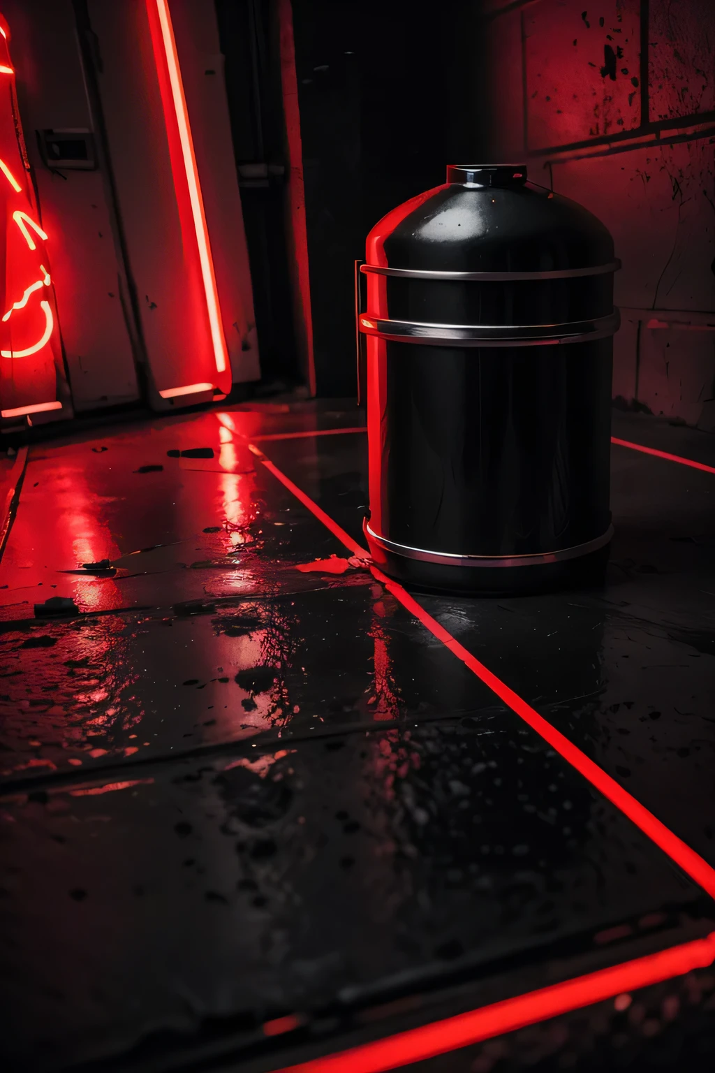 outline of a dangerous looking substance in a canister with red and black colors spilled on the neon floor