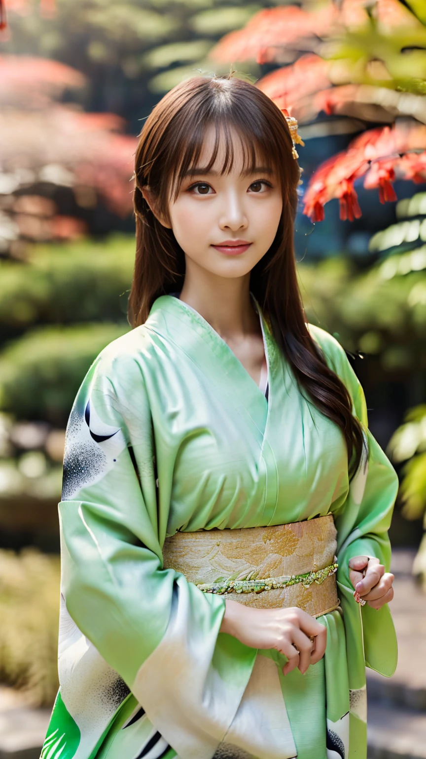 (((Regular dressing:1.5))),(Surreal), (High resolution), (8K), (Very detailed), (Best illustrations), (Beautifully detailed and sparkling eyes), (Highest quality), (Very detailedな), (masterpiece), (wallpaper), (Detailed face), (Beautiful smile)、(Beautiful expression)、One female、Looking into the camera、((Glamorous Body))、(((Japanese、Reality、Beautiful Posing、Sexy gestures、Kenrokuen Garden、Japanese garden、Beautiful kimono、National treasure-class kimono,Thick kimono:1.5)))
