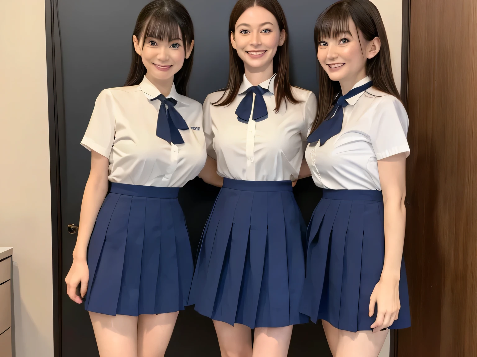 100 Girls,Crowded, Long Hair, Brown Hair, sexly, A row of girls, Girls standing in alignment, Girls only, Sisters, ((uniform、mini skirt))，Full body photo:1.9， adorable， smile， Slim face, Slim body， Short Brown Hair， 32k, masterpiece， Best image quality，Ultra-high resolution，Perfect hands，Black Choker、blue eyes、bangs、Very numerous and very long eyelashes, Lots of girls、 Dependents, Fully booked, Big Breasts、Beautiful girls in uniform、Big Breasts、huge breast bulge、Alignment、Stand up straight、conference room、Small room