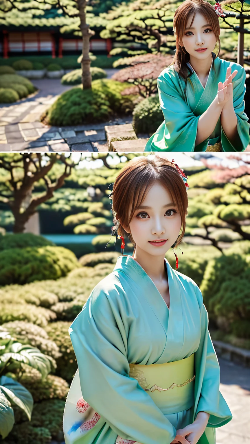(((Regular dressing:1.5))),(Surreal), (High resolution), (8K), (Very detailed), (Best illustrations), (Beautifully detailed and sparkling eyes), (Highest quality), (Very detailedな), (masterpiece), (wallpaper), (Detailed face), (Beautiful smile)、(Beautiful expression)、(((((One female:1.2)))))、Looking into the camera、((Glamorous Body))、(((Japanese、Reality、Beautiful Posing、Sexy gestures、Kenrokuen Garden、Japanese garden、Beautiful kimono、National treasure-class kimono,Thick kimono:1.5)))