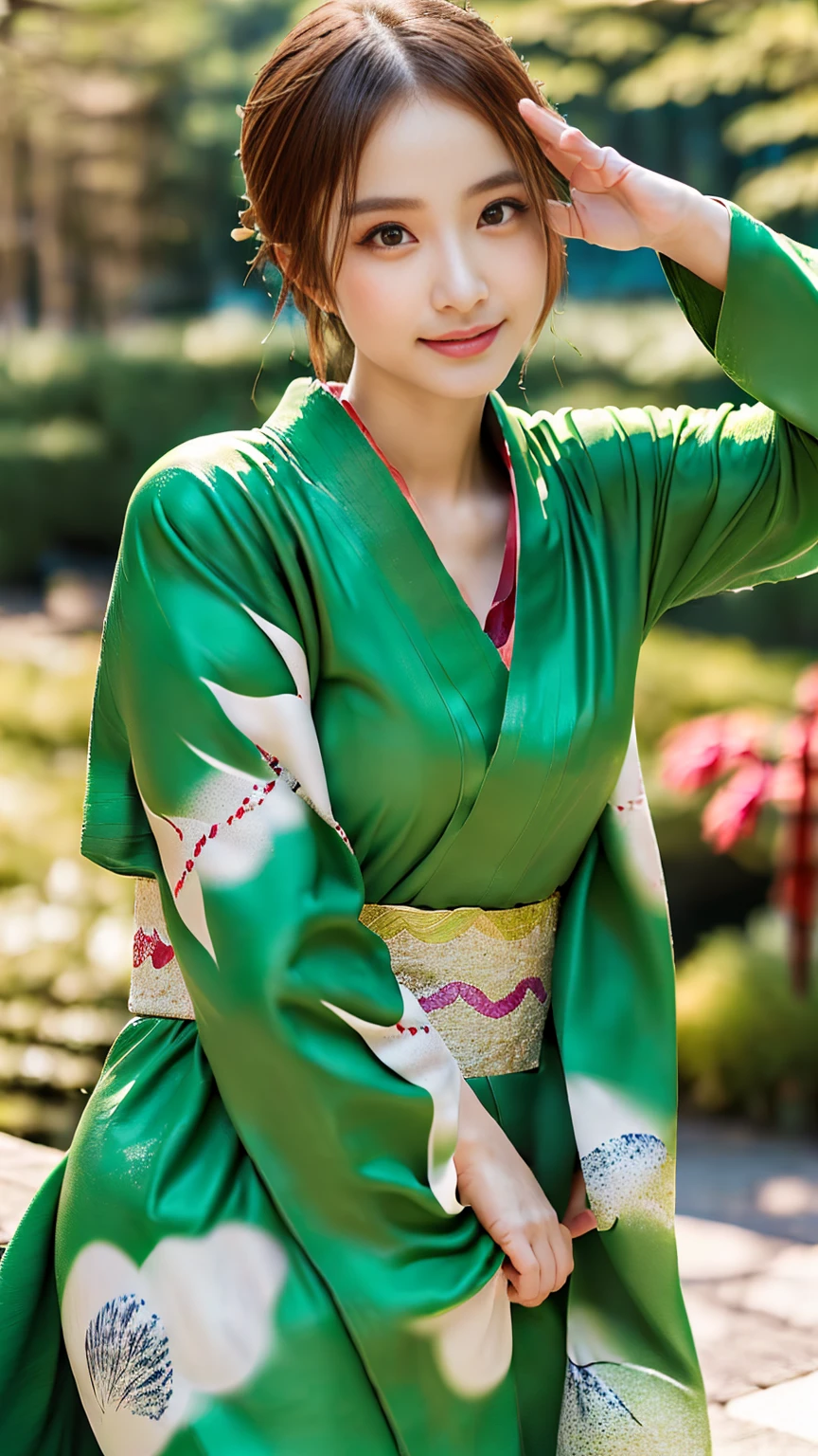 (((Regular dressing:1.5))),(Surreal), (High resolution), (8K), (Very detailed), (Best illustrations), (Beautifully detailed and sparkling eyes), (Highest quality), (Very detailedな), (masterpiece), (wallpaper), (Detailed face), (Beautiful smile)、(Beautiful expression)、(((((One female:1.2)))))、Looking into the camera、((Glamorous Body))、(((Japanese、Reality、Beautiful Posing、Sexy gestures、Kenrokuen Garden、Japanese garden、Beautiful kimono、National treasure-class kimono,Thick kimono:1.5)))