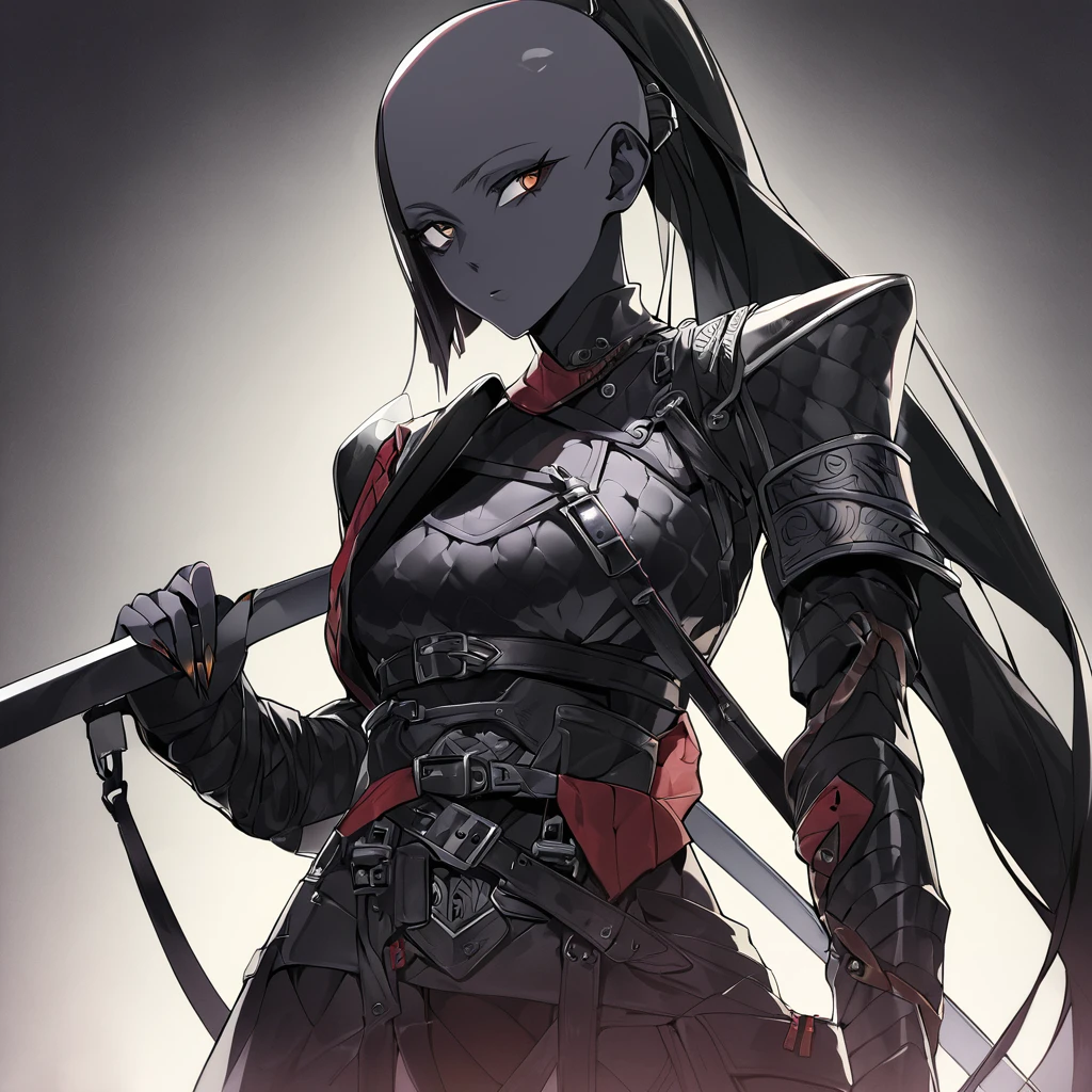 A woman with black skin, no hair. She is bald, except for a long, straight ponytail at the back of her head, with a piece of metal holding it at the base of the ponytail. She's in a armor that mixes leather, metal and black cloth in a very stylish and protected way. She, in turn, had a cold look, and her mouth was hidden by a black cloth bandana. She has deep circles under her eyes and long fingernails, and has a black steel short sword sheathed on her back.