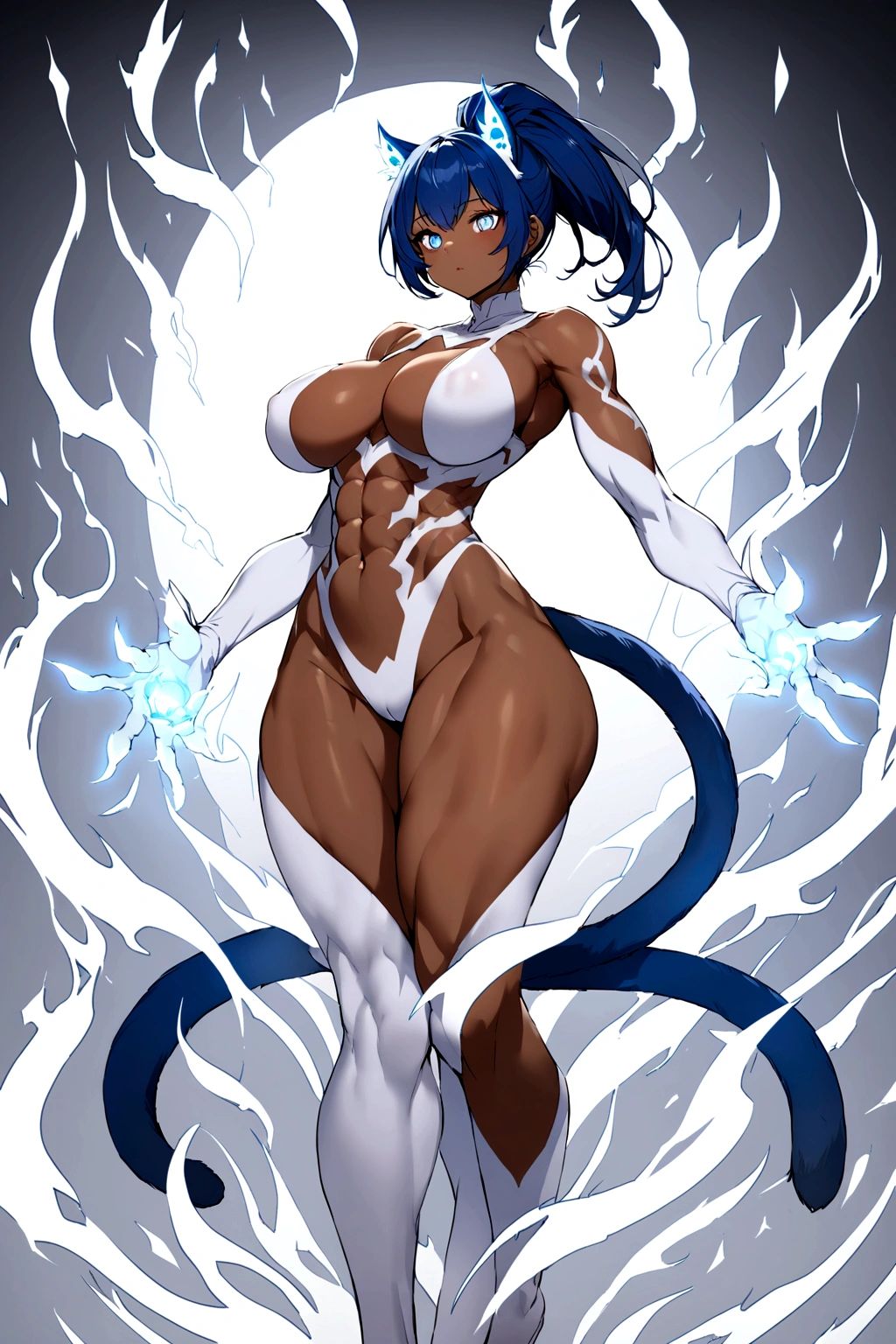 Create a catwoman with dark skin, blue hair with ponytail, blue cat tail, toned body with white energy in hands and legs, she has big breasts and thighs too, six-pack abs and muscular thighs, her breasts are covered in white energy like white flames, your thighs too, arms and breasts and legs covered in white flames, her breasts covered in tattoos of white flames and legs too, tail is white due to its transformation and white vertical pupils 