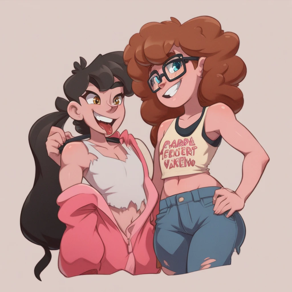 Ralph Bakshi Style, tall skinny:2.0 brunette with dark_shoulder-length_hair and black_glasses, nudity:1.5, (extreme nsfw):2.5, torn tanktop, (flatchested):2.5, lewd:2.0