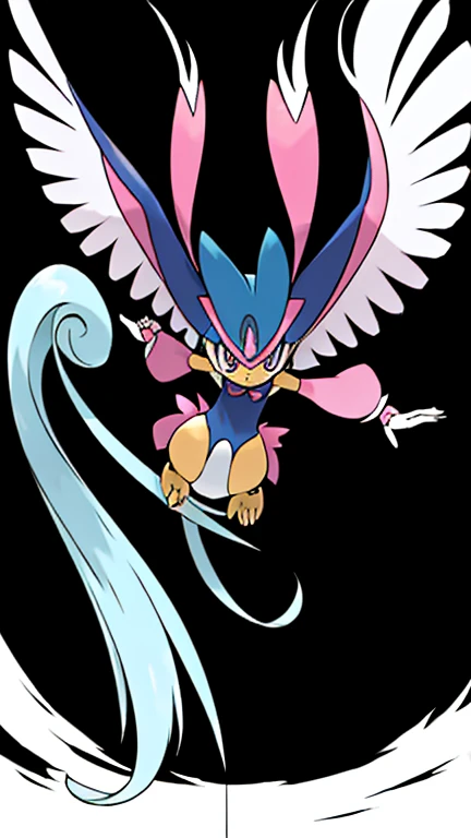 sugimori ken \(style\), psychic-flying pokemon, winged little cat, 2 colored cat's body, Pink eyes, thin tiny wings(masterpiece), high quality, best quality, high-definition, ultra-detailed, large blue hair, extremely large lenght tail, flying