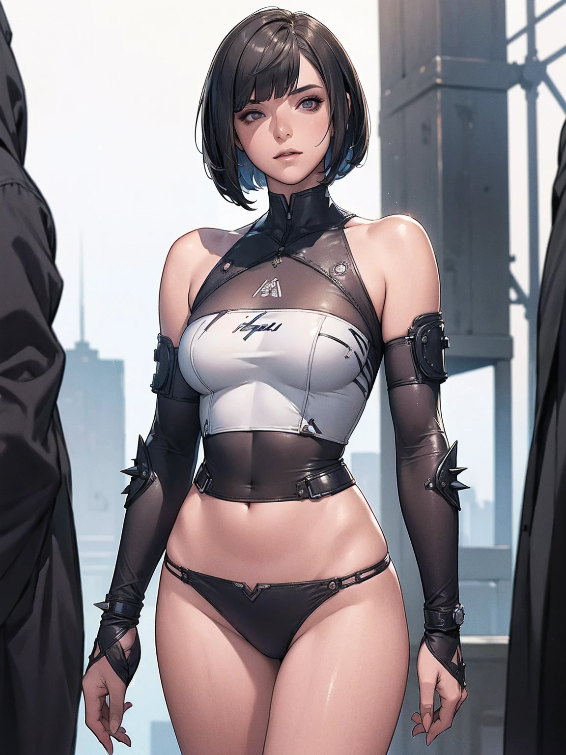 (((Woman))), (((best qualityer))), (((​masterpiece))), (((grown-up))), (((1 girl))), ((( bob haircut ))), Uma gladiadora cyberpunk Woman de 25 anos com corpo perfeito, shoulder pads with metal spikes, Brooklyn Gladiators, (( bob haircut )), tiny leather panties, ripped rugby t-shirt, almost naked in Simon Bisley&#39;s wild urban style for the cover of Heavy Metal magazine, Short blonde hair, Minimal clothing, Metal protection on the left arm with complex graphics, Dark red with white stars and white and navy blue checkered pattern, armour, full of spikes and rivets, (((from the knee up))), short white blonde hair, in the background a wall painted by Shepard Fairey with an intricate design