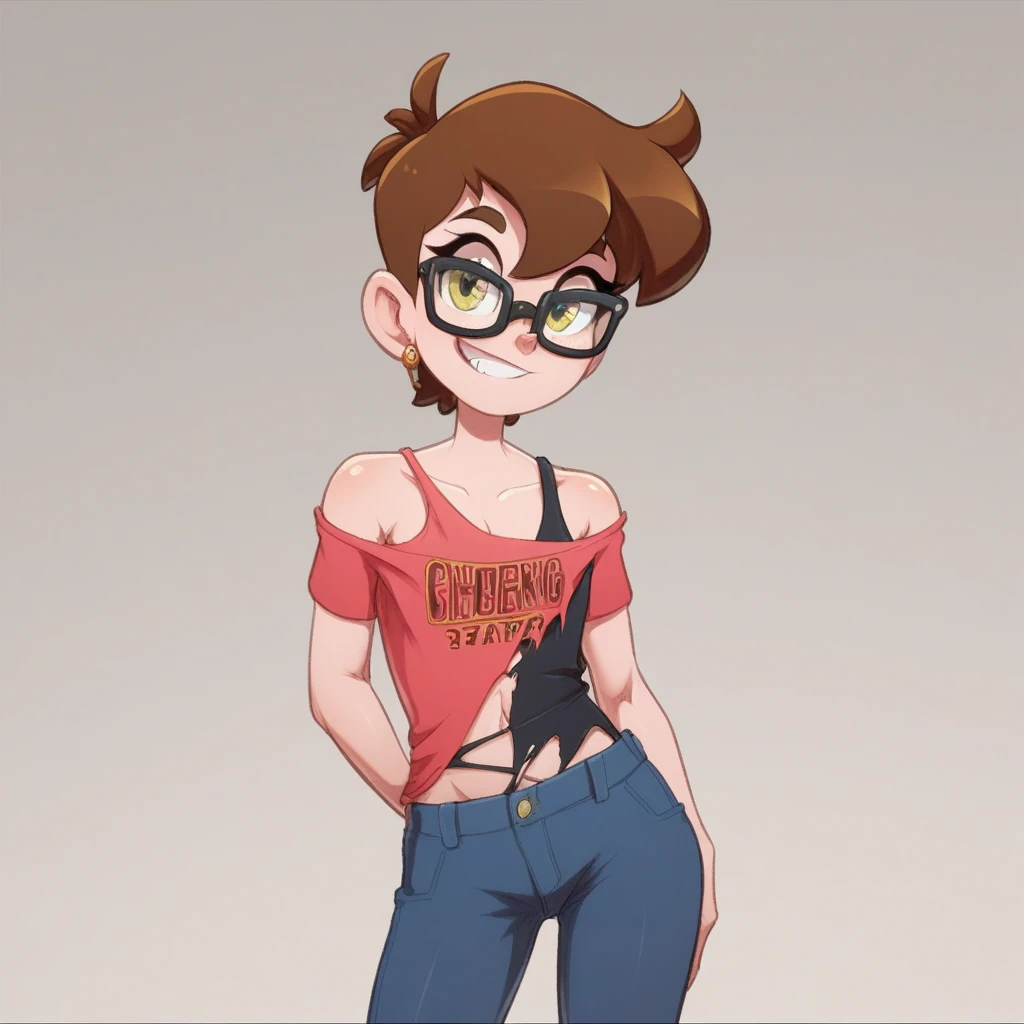 Ralph Bakshi Style, tall skinny:2.0 brunette with dark_shoulder-length_hair and black_glasses, nudity:1.5, (extreme nsfw):2.5, torn tanktop, (flatchested):2.5, lewd:2.0