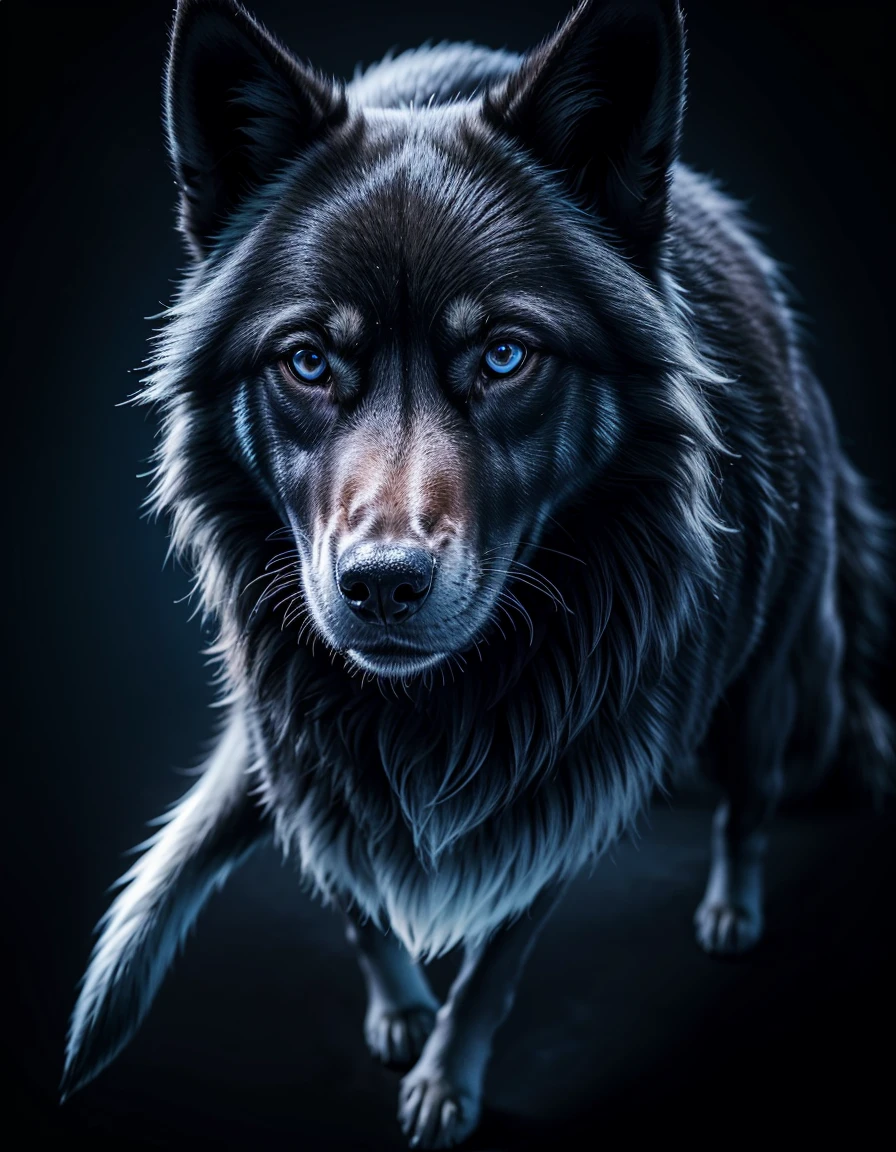 Create blue black wolf dog with 2d drawing 