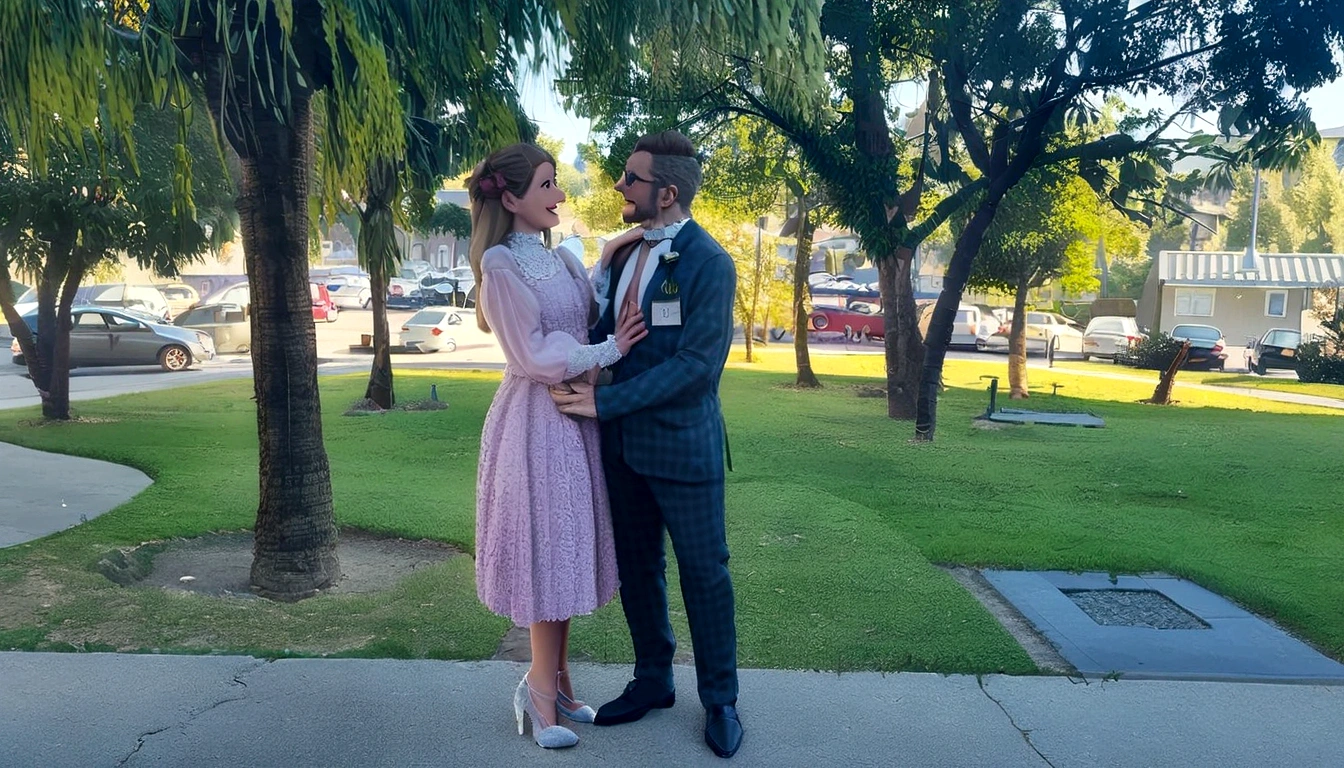An illustration of an adorable couple, Highlight for a man with gradient shaved hair, barba, suit, dress shoes and smiling and a white woman with beautiful expressive eyes, long blonde hair, The woman's hair is straight and she is wearing a pink dress with a bow at the collar., Wearing high heels and gray shoes. They are in a garden, each with a smile on their face, and share a special moment characterized by love, Perceptions. Illustrate this scene from a perspective where they are facing each other and exchanging glances., Smiling and showing your connection. Develop this art in Full HD, Focus on your cinematic flair, Estilo Disney Pixar Animations