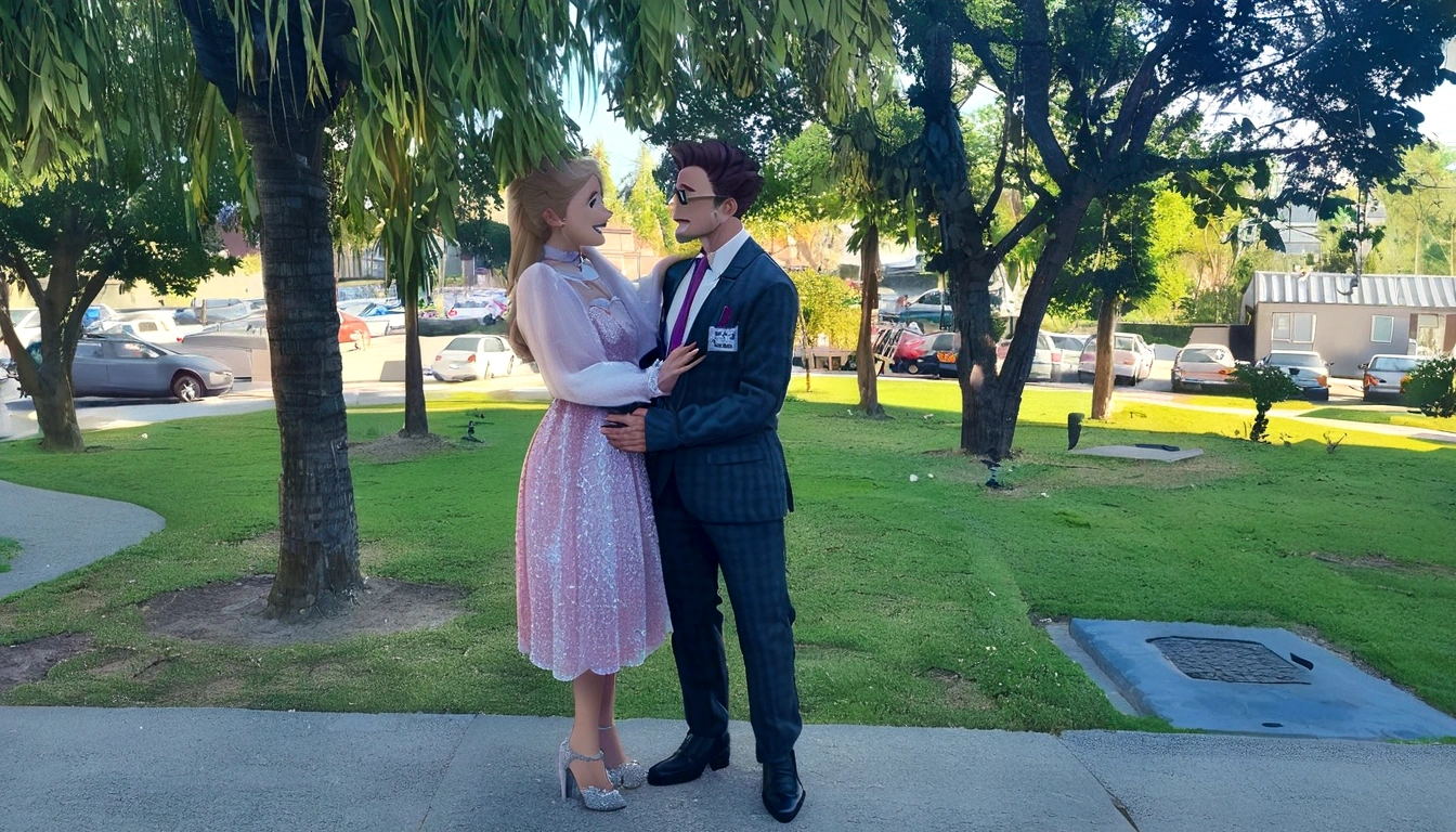 An illustration of an adorable couple, Highlight for a man with gradient shaved hair, barba, suit, dress shoes and smiling and a white woman with beautiful expressive eyes, long blonde hair, The woman's hair is straight and she is wearing a pink dress with a bow at the collar., Wearing high heels and gray shoes. They are in a garden, each with a smile on their face, and share a special moment characterized by love, Perceptions. Illustrate this scene from a perspective where they are facing each other and exchanging glances., Smiling and showing your connection. Develop this art in Full HD, Focus on your cinematic flair, Estilo Disney Pixar Animations