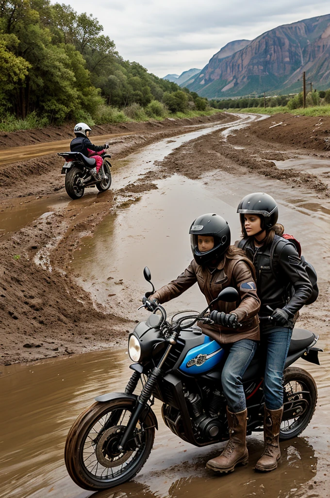 2D cartoon preacher man with pants and shoulder bag and a woman with dress and black boots, traveling by motorcycle, They both wear helmets, dirt and rock road, muddy river in the background