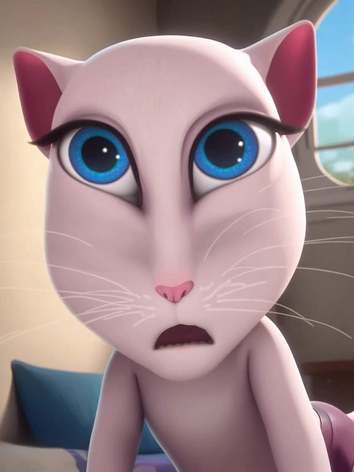 ,solo focus, a_la, 1girl, cat, white fur, long whiskers on both sides of the face, big bright blue eyes, big black eyelashes, small pink nose, triangular ears with pink ducts, has tights,fucking penis rapes, pulls, orgasms, lies on the bed , naked ass 