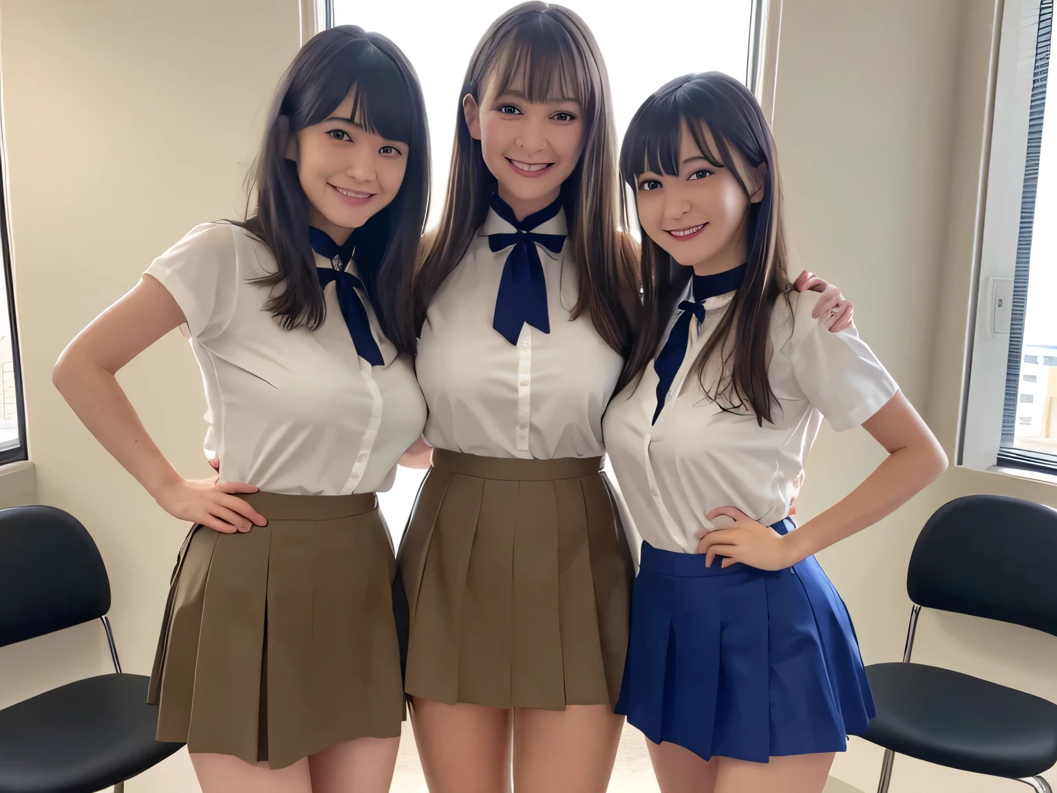 100 Girls,Crowded, Long Hair, Brown Hair, sexly, A row of girls, Girls standing in alignment, Girls only, Sisters, ((uniform、mini skirt)),Full body photo:1.9, adorable, smile, Slim face, Slim body, Short Brown Hair, 32k, masterpiece, Best image quality,Ultra-high resolution,Perfect hands,Black Choker、blue eyes、bangs、Very numerous and very long eyelashes, Lots of girls、 Dependents, Fully booked, Big Breasts、Beautiful girls in uniform、Big Breasts、huge breast bulge、Alignment、Stand up straight、conference room、Small room