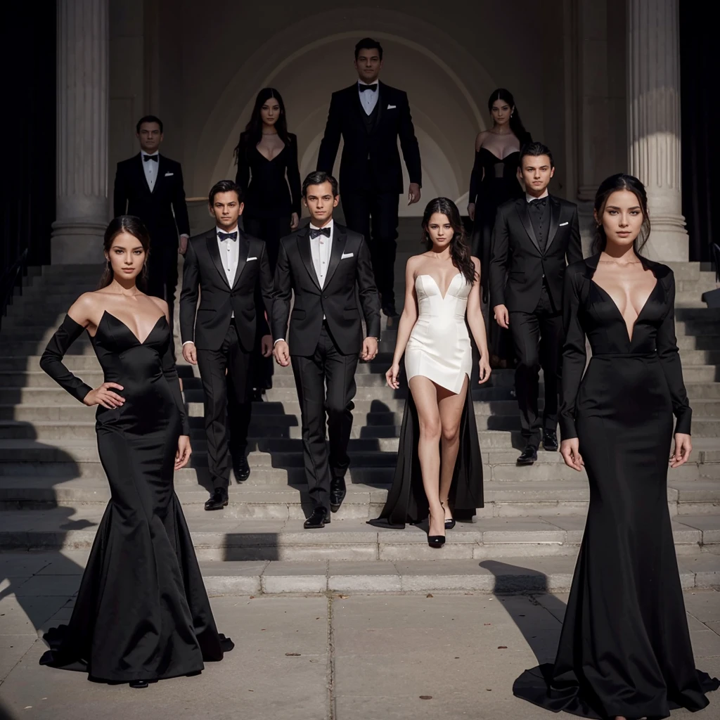 Capture the elegance and sophistication of seven individuals, comprising four men and three women, dressed in black attire. The men don black tuxedos, while the three women adorn themselves in long black gowns. They stand side by side on the grand opera stage, exuding an air of utmost refinement and poise. Ensure the image is a realistic, ultra HD portrayal of this scene.