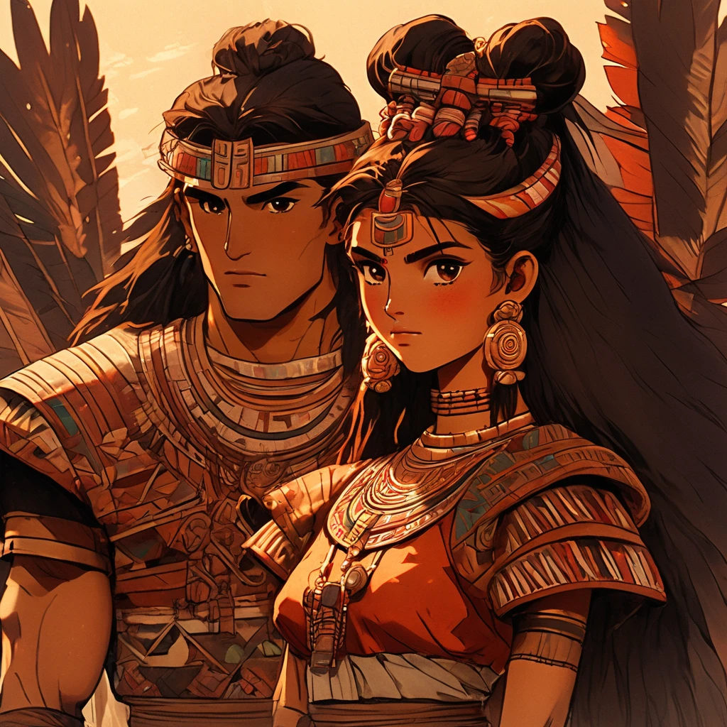 (masterpiece:1.5),(best quality:1.5),(ultra-detailed:ancient native aztec striking very young handsome mexican man in ancient warrior attireand with very young maiden dressed in a long very white cotton/linen full loose embroidered patterned aztec female dress dark brownish reddish copper tint hair big broadhighcheekbones medium liquidbrown eyes bronzed kinda fairer reddish brown copper skinnedwell built well proportion anatomically correct symetrically proportioned broad buffed body muscly with stylish manbun aztec topknots bigbrawny young dressed in ancient aztec very mexican ancient attires in a exotc garden,Masterpieces,8K HD looks with very native mexican and tropical plumage standing in a open courtyard garden af a native ancient ancient looking naive mexican style aztec home-villa estate