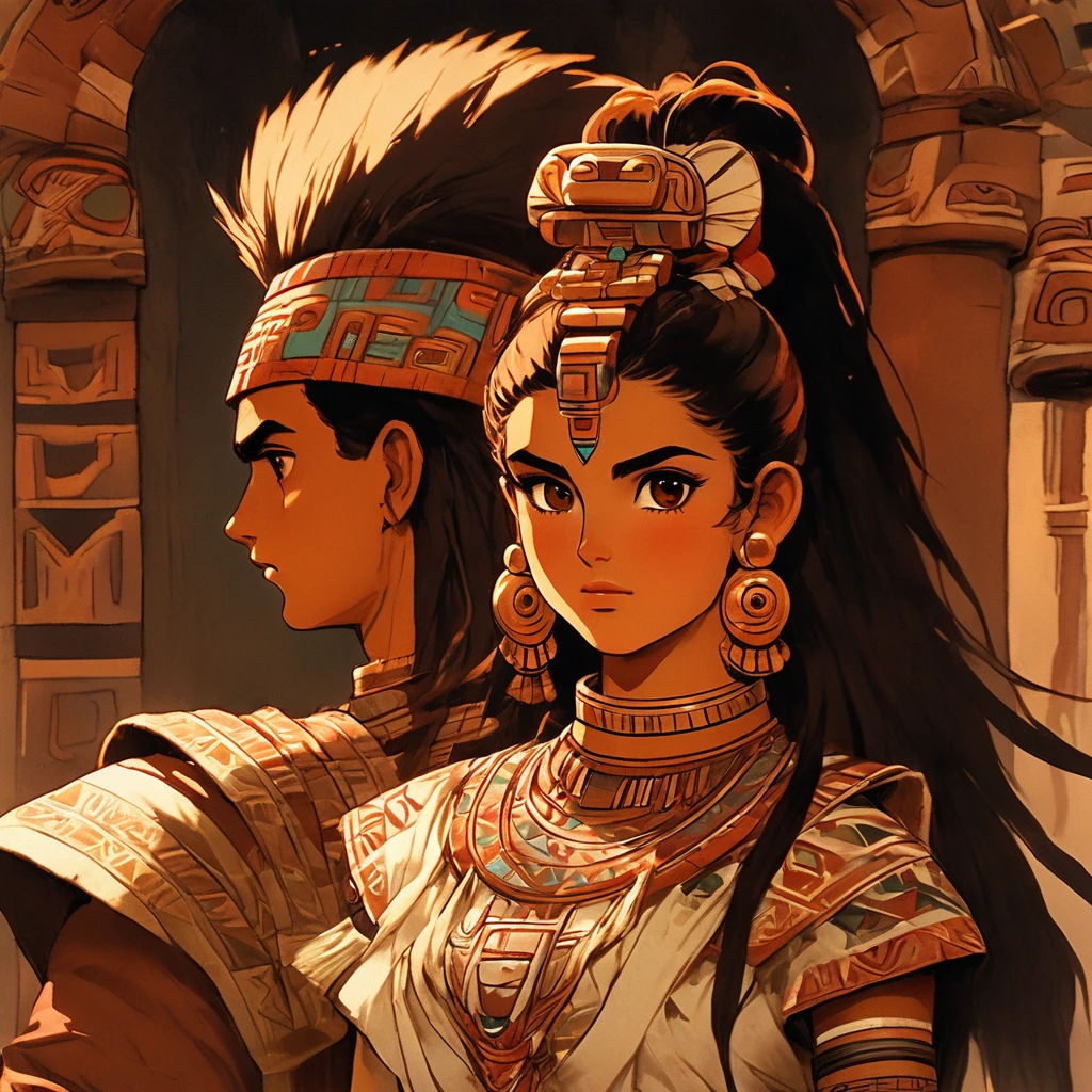 (masterpiece:1.5),(best quality:1.5),(ultra-detailed:ancient native aztec striking very young handsome mexican man in ancient warrior attireand with very young maiden dressed in a long very white cotton/linen full loose embroidered patterned aztec female dress dark brownish reddish copper tint hair big broadhighcheekbones medium liquidbrown eyes bronzed kinda fairer reddish brown copper skinnedwell built well proportion anatomically correct symetrically proportioned broad buffed body muscly with stylish manbun aztec topknots bigbrawny young dressed in ancient aztec very mexican ancient attires in a exotc garden,Masterpieces,8K HD looks with very native mexican and tropical plumage standing in a open courtyard garden af a native ancient ancient looking naive mexican style aztec home-villa estate